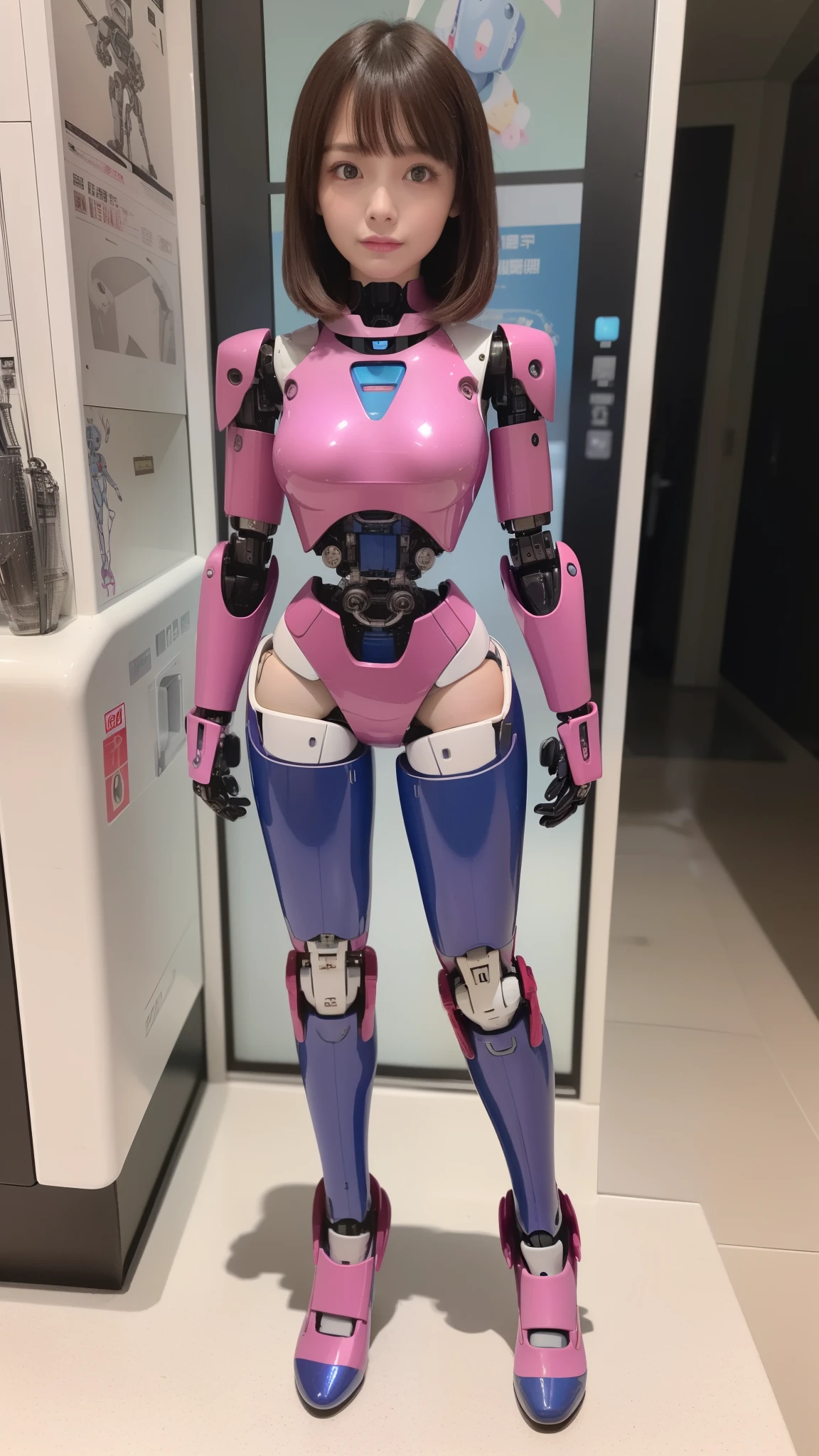 (Photorealsitic:1.4)、one robot woman、(top-quality)、(hyperdetailed face)、(Super well-formed face)、(Robot Parts)、(Female-Robot)、(25 years-old)、(Blue)、(pink there)、(Burgundy)、(metallic)、(full-body)、(sexy pose)、(Slender body)、(Model body type)、(full body mech)、(mechanical exposure)、(Akihabara)、(is looking at the camera)、(A dark-haired)、(Well-proportioned lady)、(a small face)、(a small head)、(well-groomed fingers)、(Idol)、(front facing)、(Standing with legs open)、(Photo session)、(Looks sad)、(perfect-female-robot)、(perfect-mechanical-body)