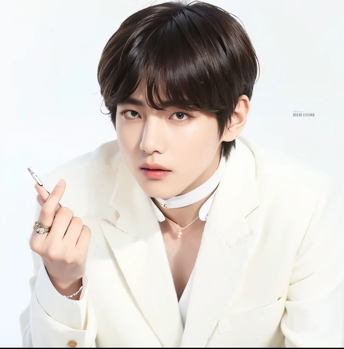 imagem arafada de um homem de terno branco e gravata segurando um cigarro, Jungkook, Cai Xukun, hyung tae, Kim Doyoung, Jinyoung Shin, Taehyung comendo batatas fritas Gucci, profile picture with headshot, Jung Jaehyun, Hong junho hyung, fotos oficiais, inspirado em Kun Can, Wonbin Lee, taejune kim, Yanjun Chengt, fanart oficial