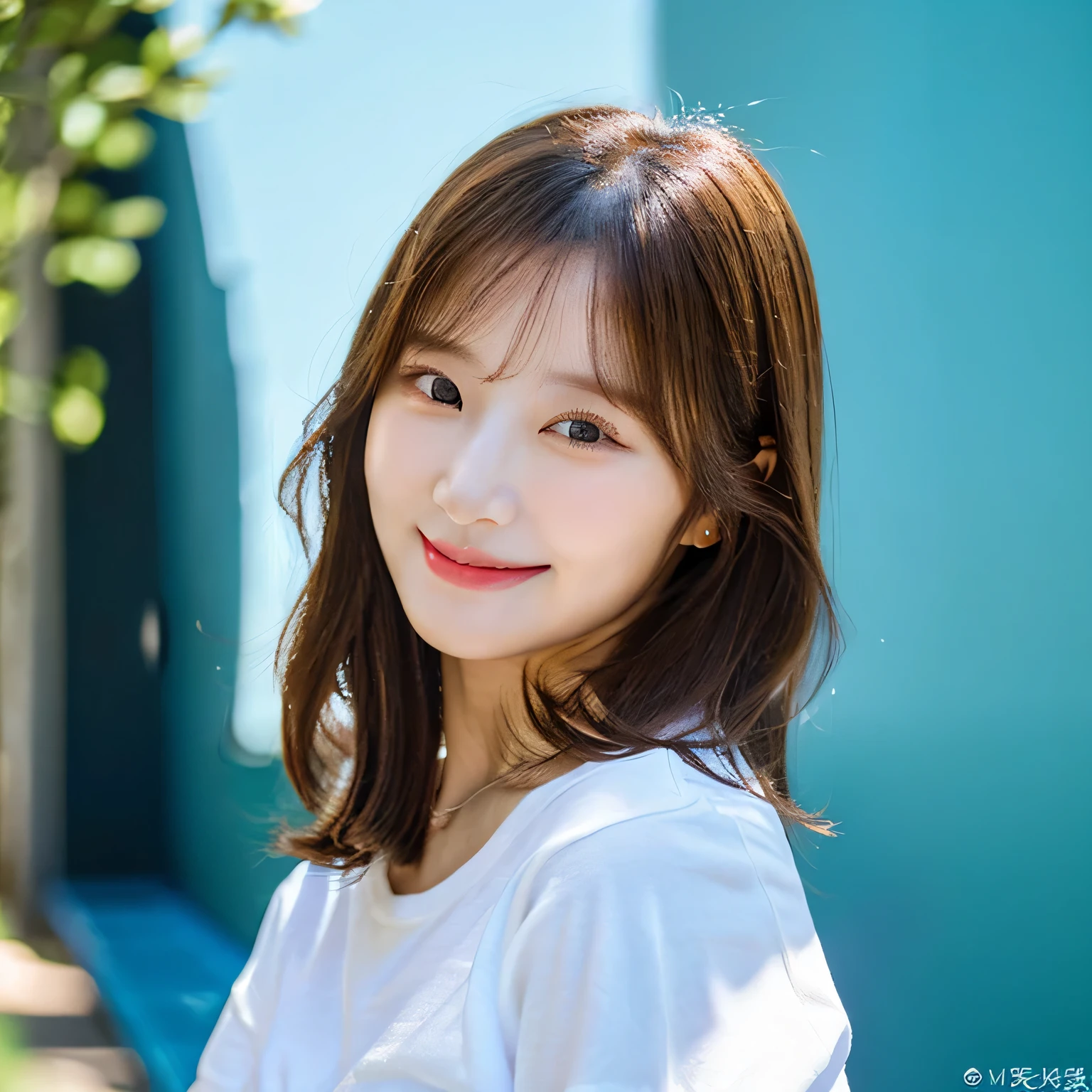 Best quality, masterpiece, ultra-high resolution, (photorealistic: 1.4), 1 woman, smiling eyes, (ulzzang-6500-v1.1: 1.0), brown hair, black eyes, 30 years old, beautiful woman, actress, white T-shirt, skyblue background