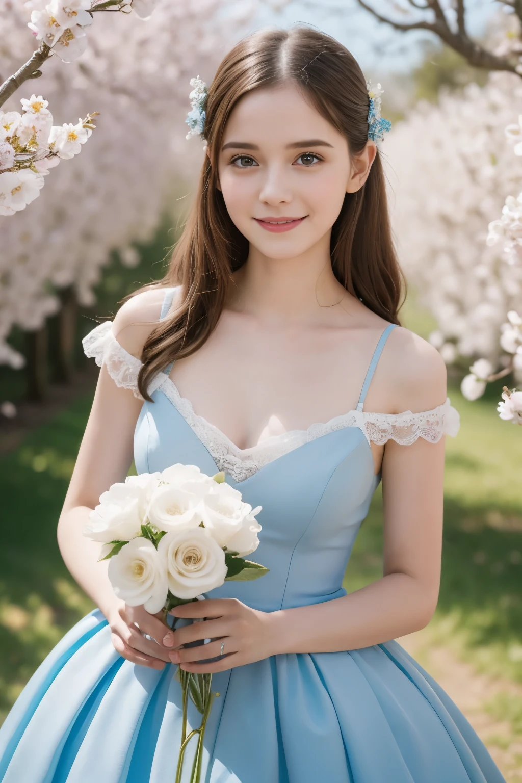 Masterpiece, Best quality, 8k, 18 ans, Photo brute, absurdes, Award-winning portrait, sourire, sourire, pure, french, elegant light blue dress, spring, , orchard in bloom, laces, famous singer
