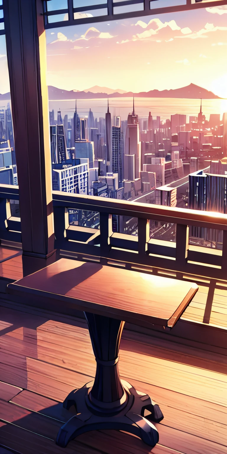 table top, highest quality,shape, wallpaper, Super detailed, 、city view from the top of the hill、the sunset is beautiful