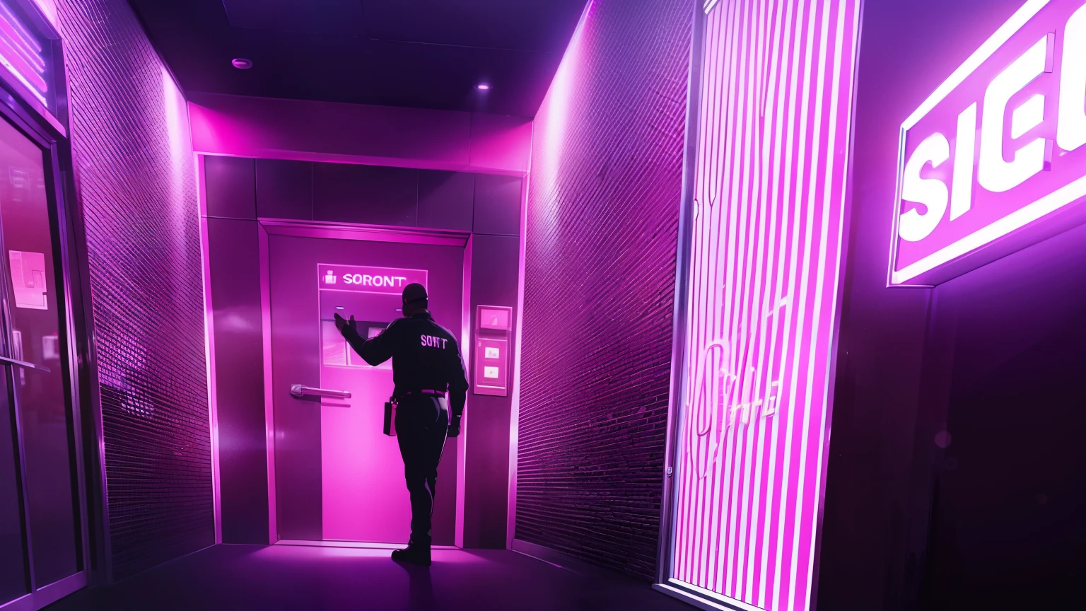 Entrance to a nightclub, (strong security guard at the door), pink neons, very pink night sky