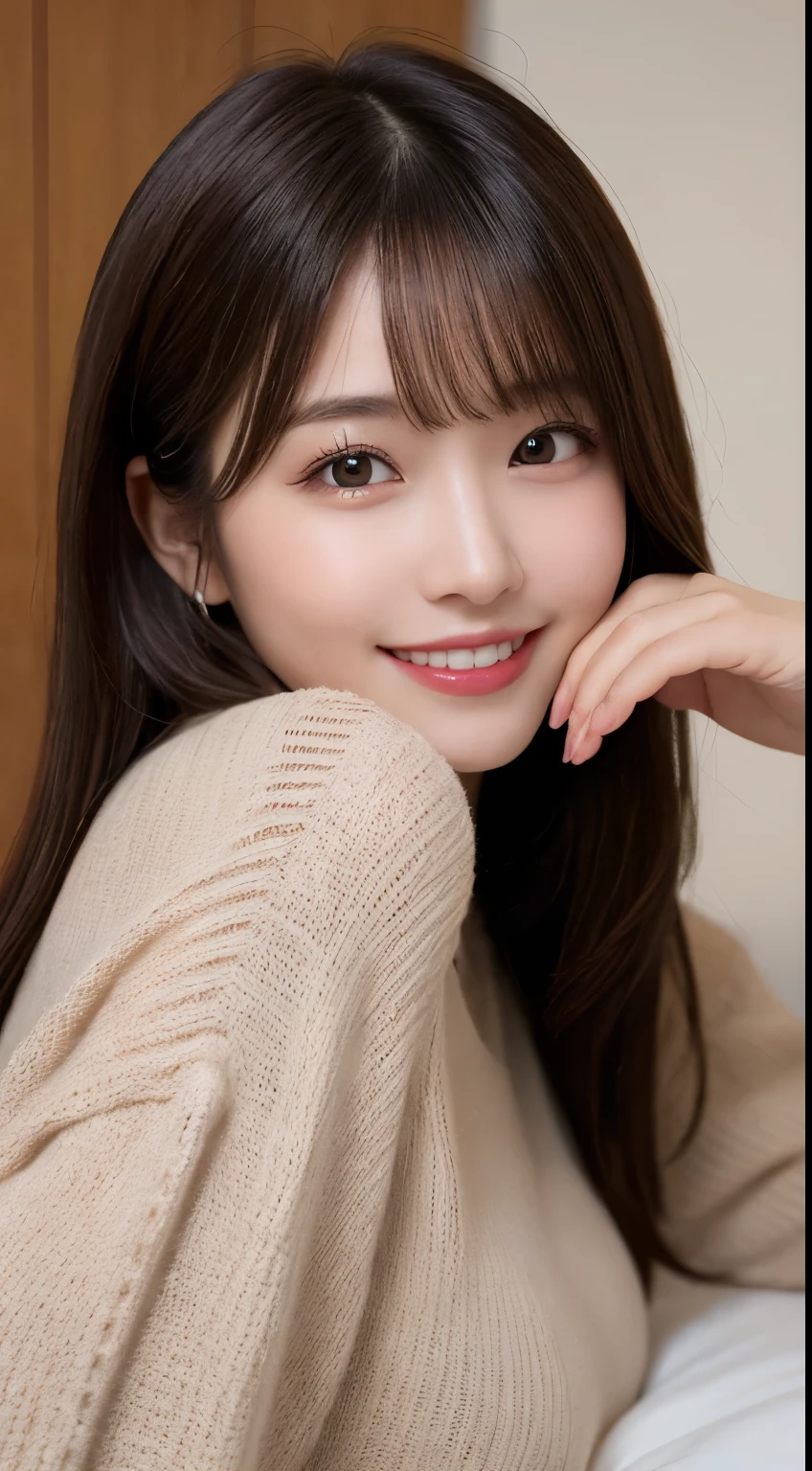 table top, highest quality, shape, Super detailed, finely, High resolution, 8k wallpaper, 完璧なダイナミックな構shape, beautiful and detailed eyes, Tokyo trend knit dress, small breasts, natural color lip,優しいsmile,20 year old girl、beautiful and detailed face、perfect and beautiful face,Big eyes、beautiful and detailed face、perfect and beautiful double eyelids、blur the background、perfect and beautiful face、Feminine poses、blur background、slim face and style、blur background、straight hair、Wear a luxurious mink coat、Bedroom（navy sheets）、lying on the bed、smile、Take a close-up photo of your face、smile