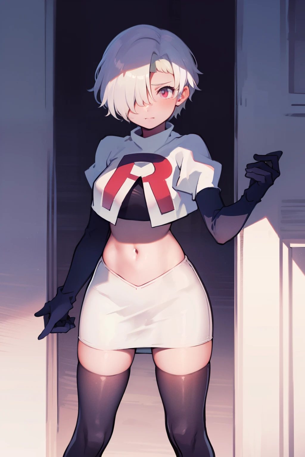 1girl, Standing, Portrait, 独奏, hair above one eye, Short hair, team rocket,team rocket uniform,white skirt,red letter R,crop top,black thigh-highs,black elbow gloves