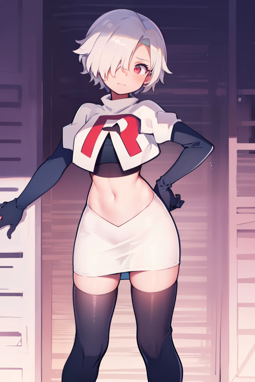 1girl, Standing, Portrait, 独奏, hair above one eye, Short hair, team rocket,team rocket uniform,white skirt,red letter R,crop top,black thigh-highs,black elbow gloves