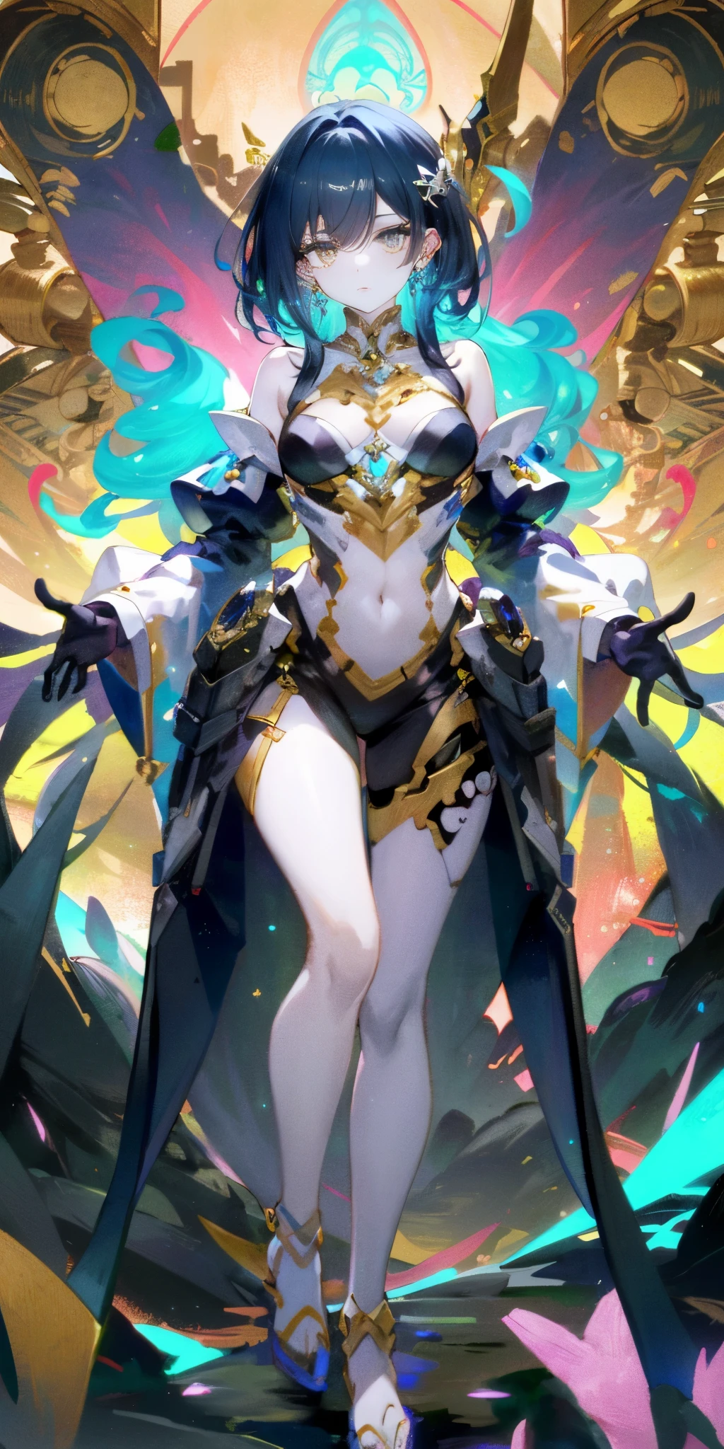 (best quality, masterpiece), 1 girl, yellow diamonds mineral, beautiful full body concept art, simple dark background, looking at viewer, gold long hair, mineral, (best quality, masterpiece), 1 girl, yellow diamonds mineral, beautiful full body concept art, straight long legs, simple dark background, looking at viewer, gold long hair, mineral, ethereal, fantasy, laser transparent, long skirt, depth of field, sleek glass thickness, transparent, cinematic lighting, rendering, 4K, --niji 5