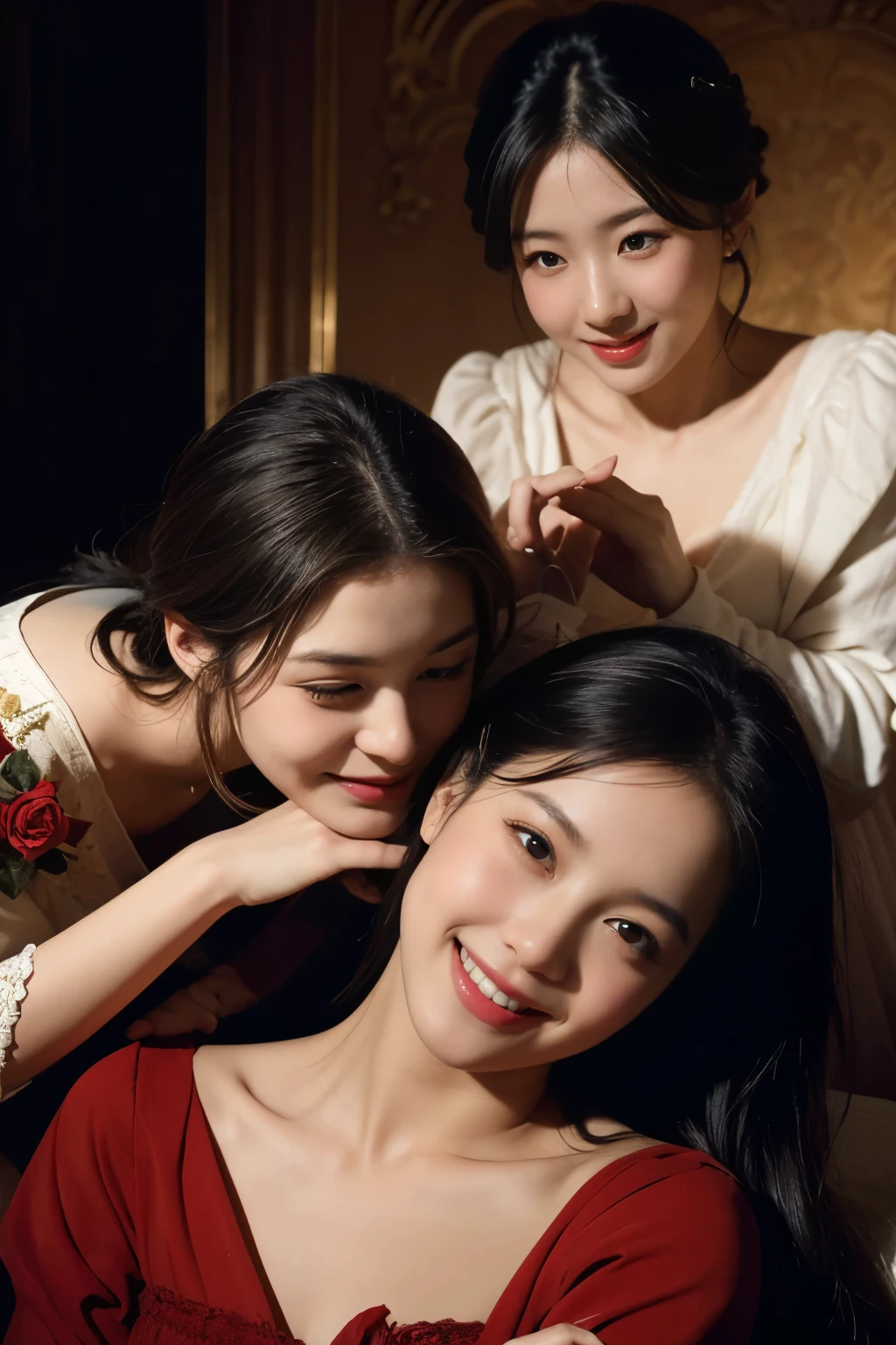 full body portrait ,flower,rose,antique,laughter,,sweet and enchanting appearance.、caravaggio painting、caravaggio&#39;chiaroscuro,Two women having fun,cute smile, expression of ecstasy