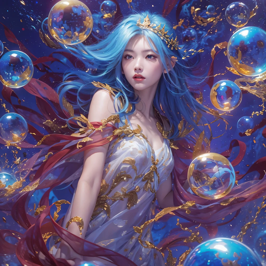 pinkblue colors，enamel，agate，A flesh-colored world，Blood Blue Maiden 32k（masterpiece，HD，Aoyama Pond，Ultra high quality，32k）long flowing bright blue hair，blood pool，Ziddink， a color，Grumpy （After greeting）， （Linen scarf）， fighting stance， looking at the ground， long white hair， Floating bright blue， Fire cloud gold headdress， Chinese long-sleeved gold silk burgundy garment， （Abstract metaverse splash：1.2）， White background，Peony flower vitality protector（realistically：1.4），bright purple hair，Smoke on the road，The background is very pure， high resolution， detail， RAW photos， Sharp Re， Nikon D850 film photo by Jefferies Lee 4 Kodak Portra 400 camera F1.6 guns, colorful, Ultra-realistic and vivid textures, dramatic lighting, Unreal Engine Art Station Trend, Sinest 800，一个有着long flowing bright blue hair的女孩，huge colorful bubbles