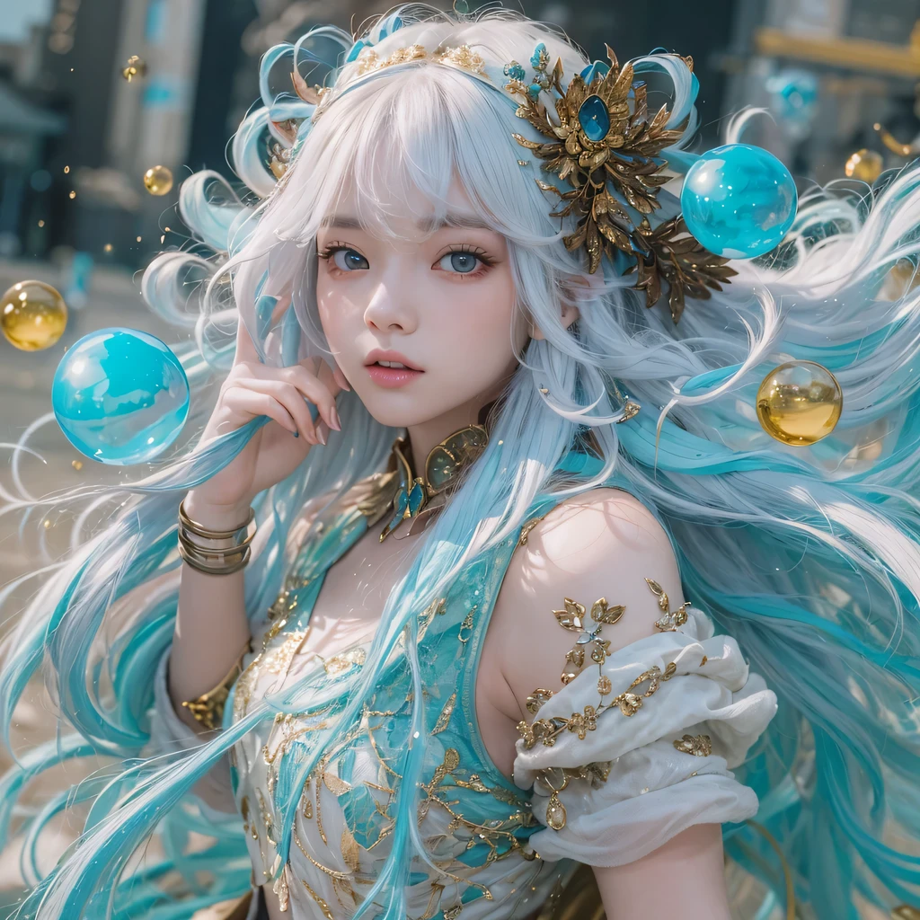 pinkblue colors，enamel，agate，A flesh-colored world，Blood Blue Maiden 32k（masterpiece，HD，Aoyama Pond，Ultra high quality，32k）long flowing bright blue hair，blood pool，Ziddink， a color，Grumpy （After greeting）， （Linen scarf）， fighting stance， looking at the ground， long white hair， Floating bright blue， Fire cloud gold headdress， Chinese long-sleeved gold silk burgundy garment， （Abstract metaverse splash：1.2）， White background，Peony flower vitality protector（realistically：1.4），bright purple hair，Smoke on the road，The background is very pure， high resolution， detail， RAW photos， Sharp Re， Nikon D850 film photo by Jefferies Lee 4 Kodak Portra 400 camera F1.6 guns, colorful, Ultra-realistic and vivid textures, dramatic lighting, Unreal Engine Art Station Trend, Sinest 800，一个有着long flowing bright blue hair的女孩，huge colorful bubbles