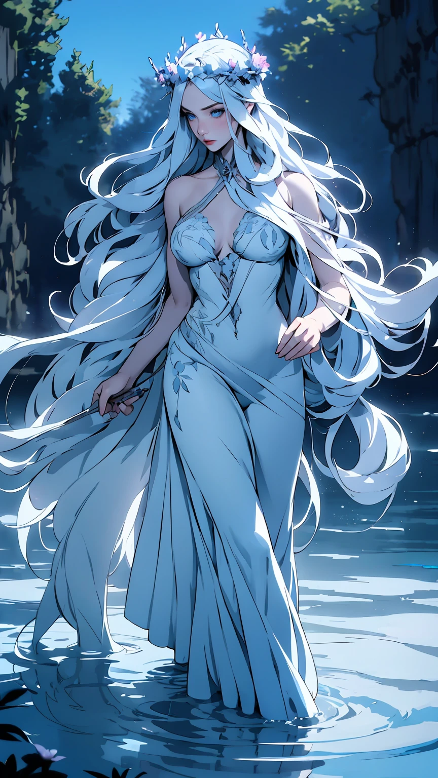 hyper-realistic of a mysterious woman with flowing silver hair, piercing blue eyes, and a delicate floral crown, walking on the water, whole body