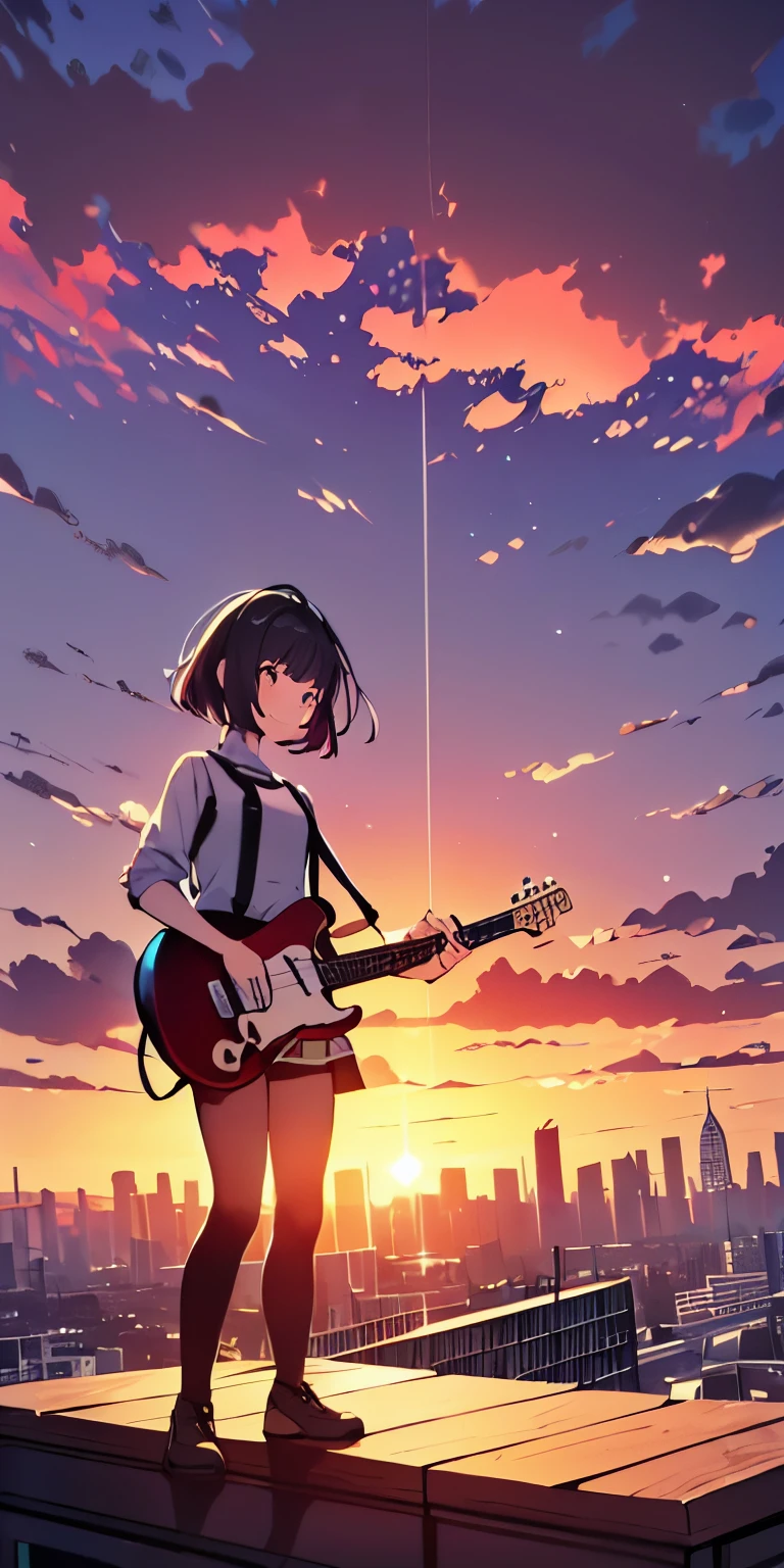 table top, highest quality,shape, wallpaper, Super detailed, absurd, 16 year old girl, alone, (medium short hair、play the guitar、smile、Overlooking the city from the top of the hill、the sunset is beautiful