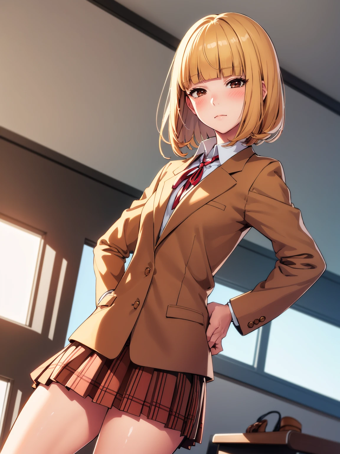 (masterpiece,best quality, detailed), 1girl, solo, classroom, indoors, hands on hips, closed mouth, dutch angle,
midorikawa hana, brown jacket, neck ribbon, collared shirt, school uniform, plaid skirt, loafers, squinting, eyelashes