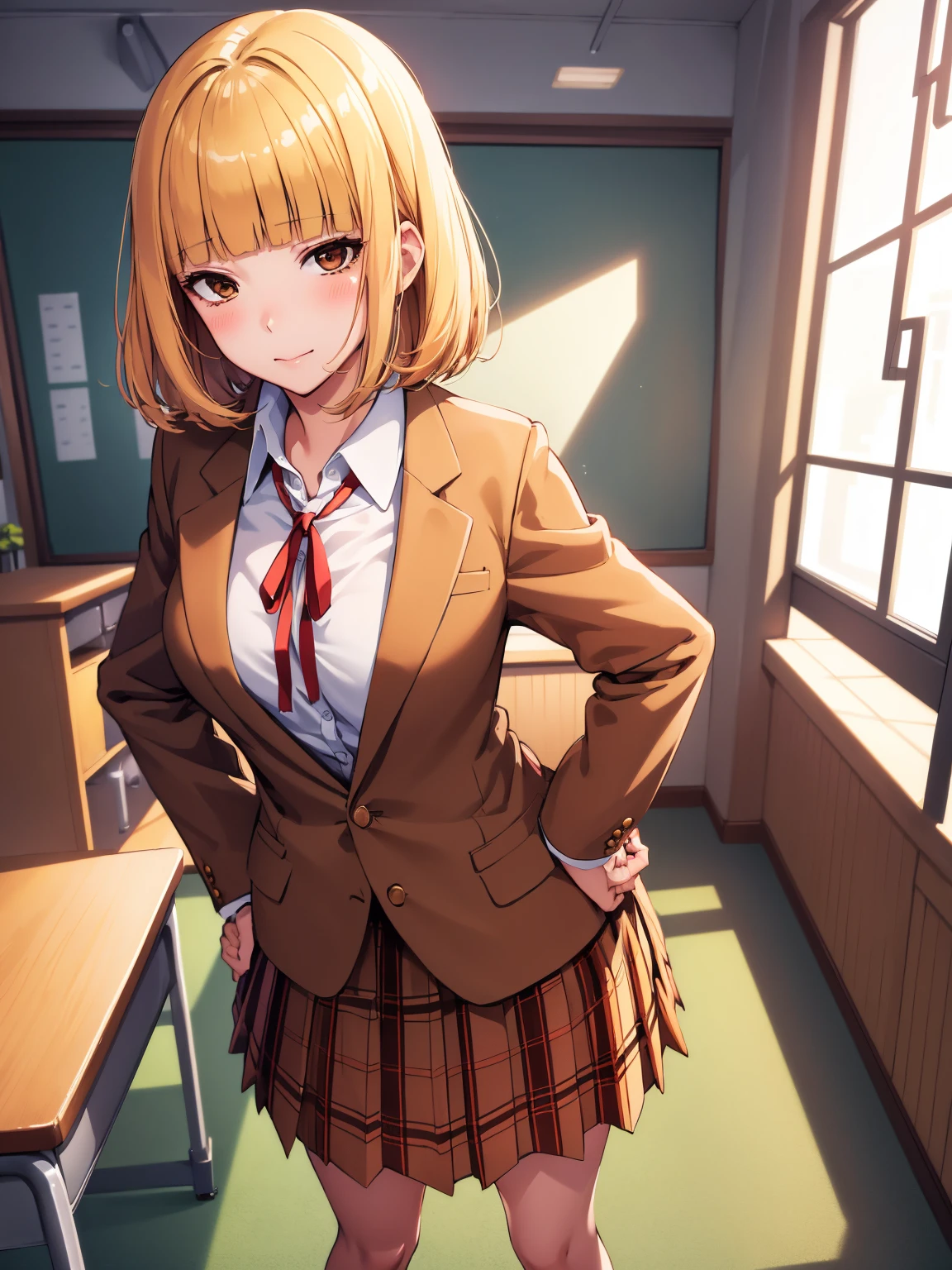 (masterpiece,best quality, detailed), 1girl, solo, classroom, indoors, hands on hips, closed mouth, dutch angle,
midorikawa hana, brown jacket, neck ribbon, collared shirt, school uniform, plaid skirt, loafers, squinting, eyelashes