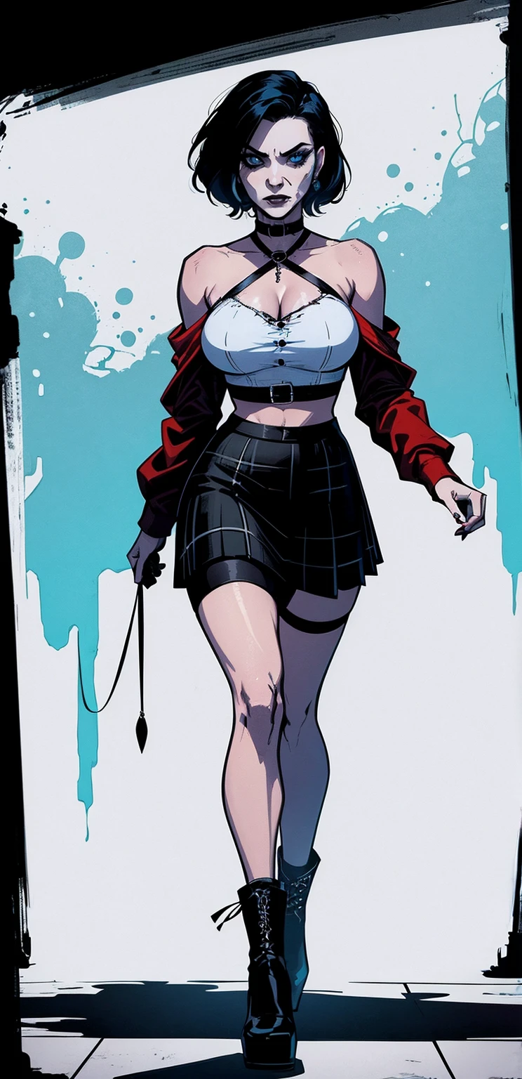 a woman with short black hair, hair on shoulders,  wearing a black cropped  and plaid skirt, blue eyes, zombie art, gothic art, cute aesthetic with vibe, toon aesthetic, wearing red costume, wearing gothic accessories, look like Cassie Hack, whole body, walking on the floor, white background
