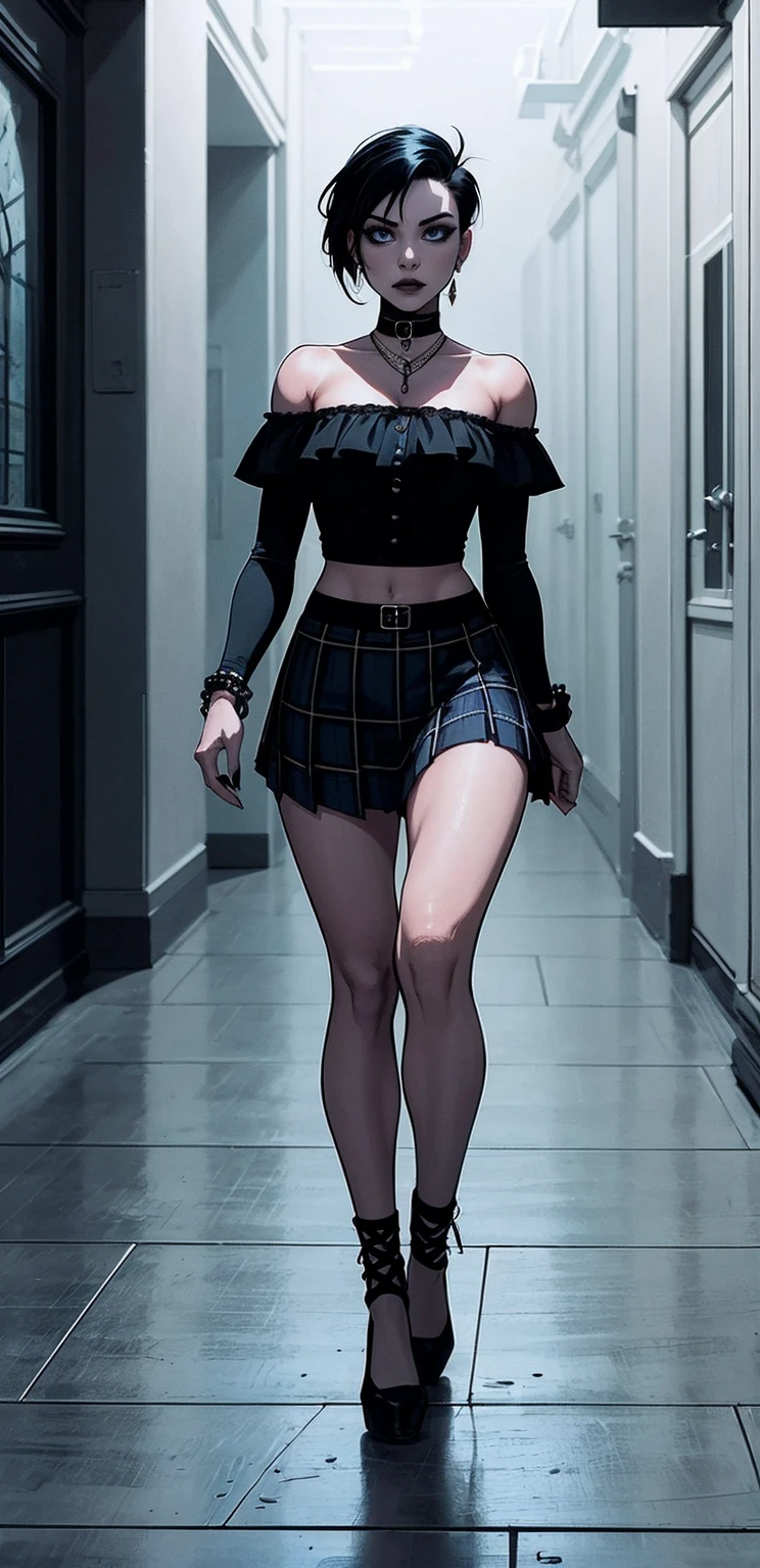 a woman with short black hair, hair on shoulders,  wearing a black cropped  and plaid skirt, blue eyes, zombie art, gothic art, cute aesthetic with vibe, toon aesthetic, wearing red costume, wearing gothic accessories, look like Cassie Hack, whole body, walking on the floor, white background