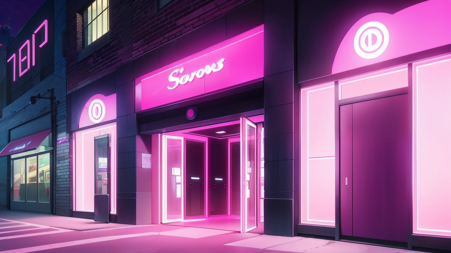 (Entrance to a sexy clothing store), neon pink slightly, windows, very pink night sky