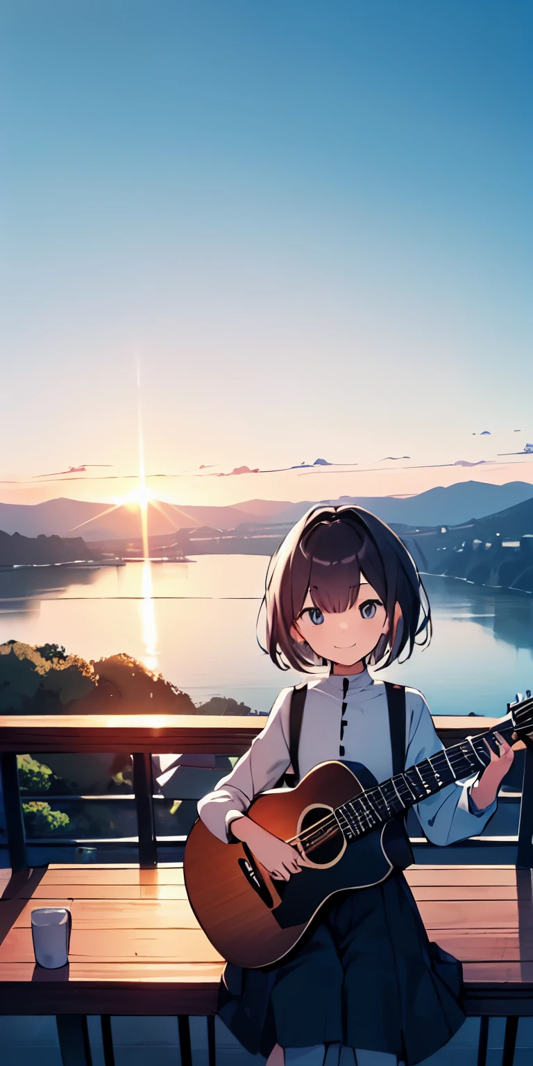 table top, highest quality,shape, wallpaper, Super detailed, absurd, girl, alone, (medium short hair、play the guitar、smile、Overlooking the river from the summit、that'Beautiful just before the sun sets、(draw a small person far away)