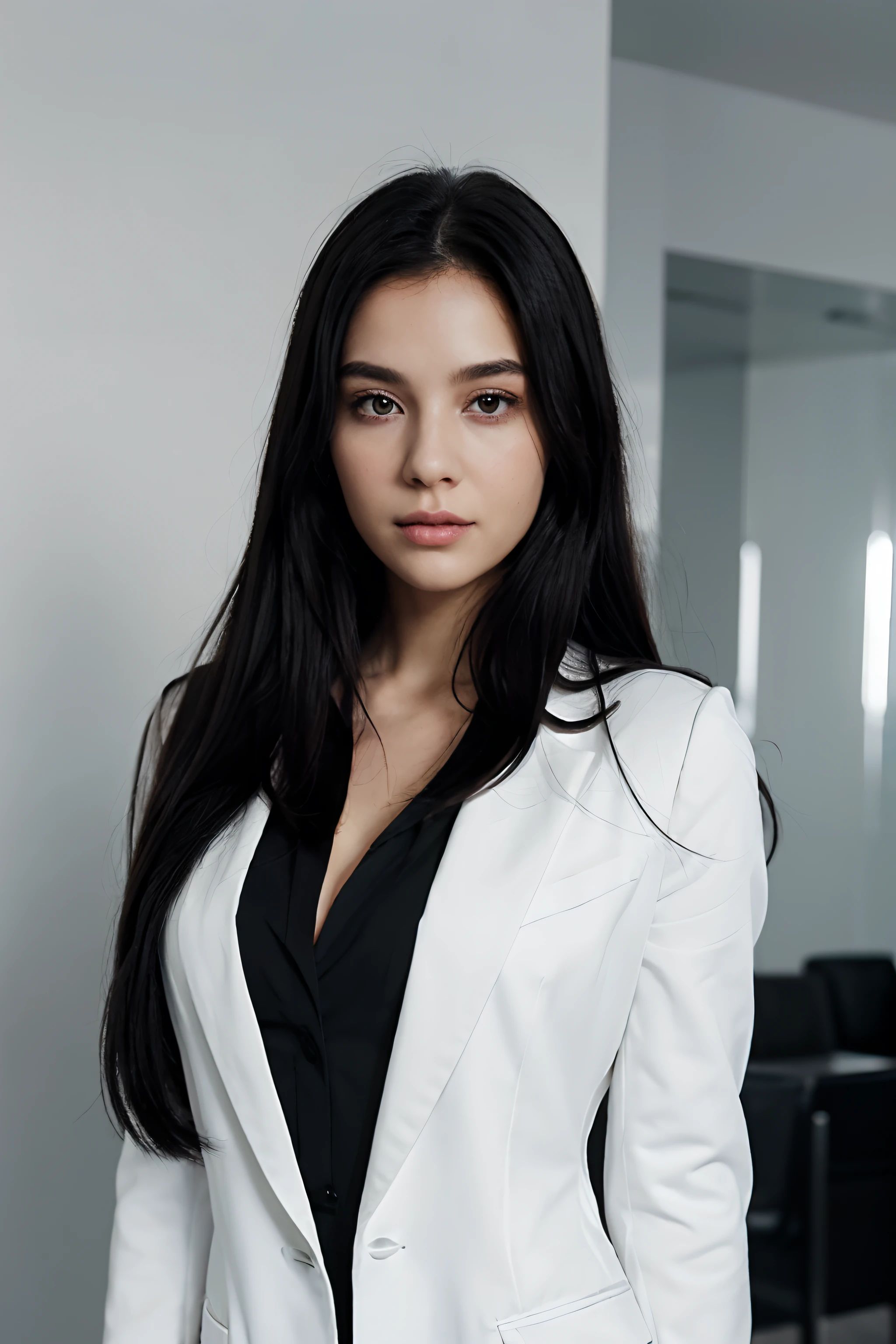 tiro de meio comprimento, Uma mulher em um blazer branco, vestido branco, cabelo preto comprido, Subtle monochromatic tom style, brilhante/Bright solid color, Classic preppy style, fundo branco puro, unique beauty, Rosto fino, Business Photos