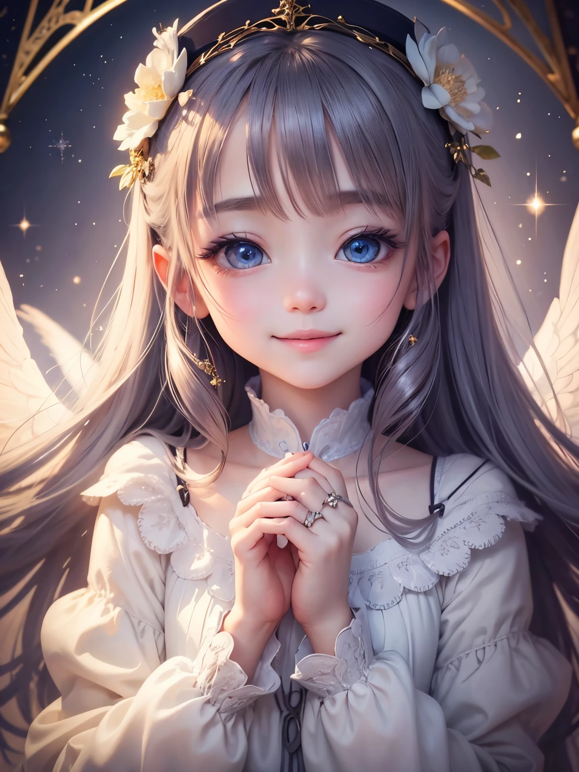 best image quality、detailed eyes、long eyelashes、fairy tale world、A cute little angel with a big head and a 、An angel ring is floating above my head、whispering to me、cute smile、Surprisingly big and sparkling eyes、There are cute angels with angel rings floating above their heads around the girl.、He is whispering something to me with his hand next to his mouth.、Innocent smile、The background is a bright winter landscape in Northern Europe.、Diamond dust is dancing glitteringly、