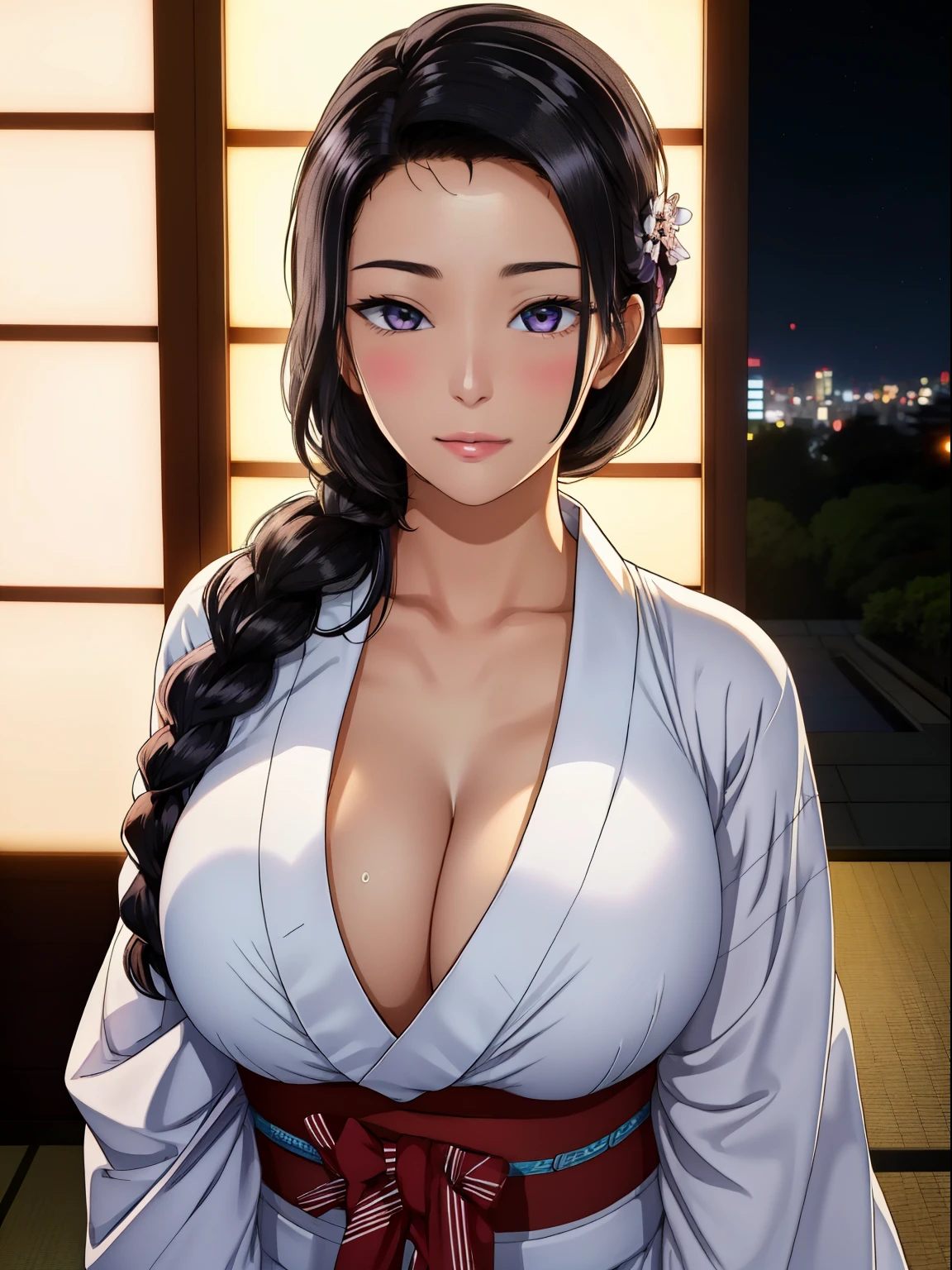 (night:1.7), Japan, Tokyo, City view, in front of the window,
looking at the viewer, (fascinating look:1.2), Happy, 笑face,
(white_kimono:1.3),cleavage,
black_hair, length_hair, hair_pulled_return,Broke up_lips,purple_eye, Braid,
1 girl, 24-years-old,mature woman,beautiful Finger,beautiful length legs,beautiful body,beautiful Nose,beautiful character design, perfect eye, perfect face, perfect fingers, perfect hands, 完璧なchest, perfect body,
looking at the viewer, in the center of the image,
NSFW,official art,highly detailed body, exteremly detailed face, extremely detailed hair, extremely detailed eye, wallpaper, perfect lighting,colorful, bright_front_face_lit,
(masterpiece:1.0),(Highest_quality:1.0), 超High resolution,4k,super detailed,
photograph, 8k, HDR, High resolution, disorganized:1.2, kodak portrait 400, film grain, blurry returnground, Bokeh:1.2, Lens flare, (lively_color:1.2)
(beautiful,big_chest:1.4), (beautiful_face:1.5),(narrow_waist),