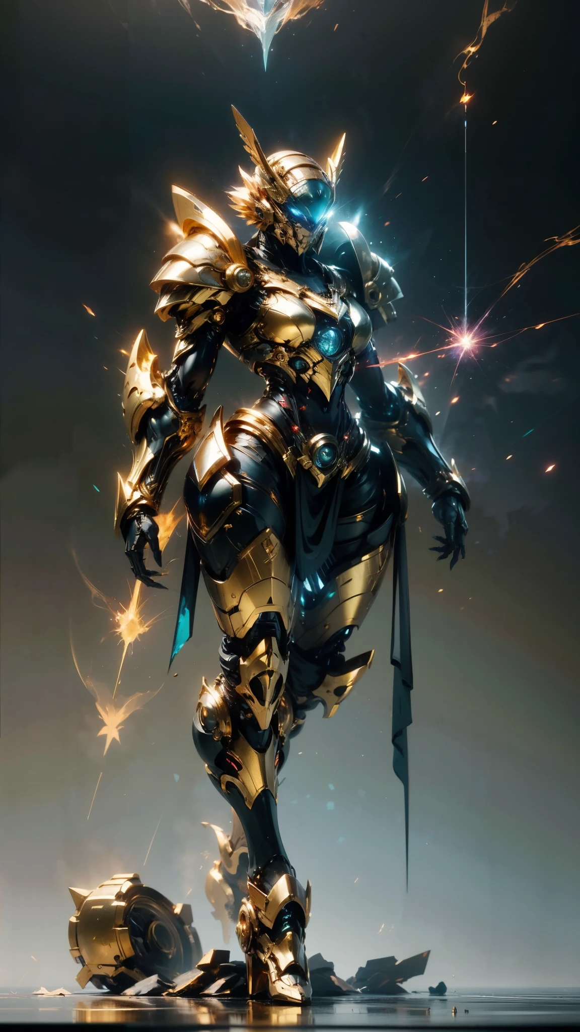 A woman adorned in fantasy-style full-body armor, a crown-concept fully enclosed helmet that unveils only her eyes, a composite layered chest plate, fully encompassing shoulder and hand guards, a lightweight waist armor, form-fitting shin guards, the overall design is heavy-duty yet flexible, (the armor gleams with a golden glow, complemented by red and blue accents), exhibiting a noble aura, she floats above a fantasy-surreal high-tech city, this character embodies a finely crafted fantasy-surreal style armored hero in anime style, exquisite and mature manga art style, (mixture of Queen bee and Spider concept Armor, plasma), ((Element, elegant, goddess, femminine:1.5)), metallic, high definition, best quality, highres, ultra-detailed, ultra-fine painting, extremely delicate, professional, anatomically correct, symmetrical face, extremely detailed eyes and face, high quality eyes, creativity, RAW photo, UHD, 32k, Natural light, cinematic lighting, masterpiece-anatomy-perfect, masterpiece:1.5