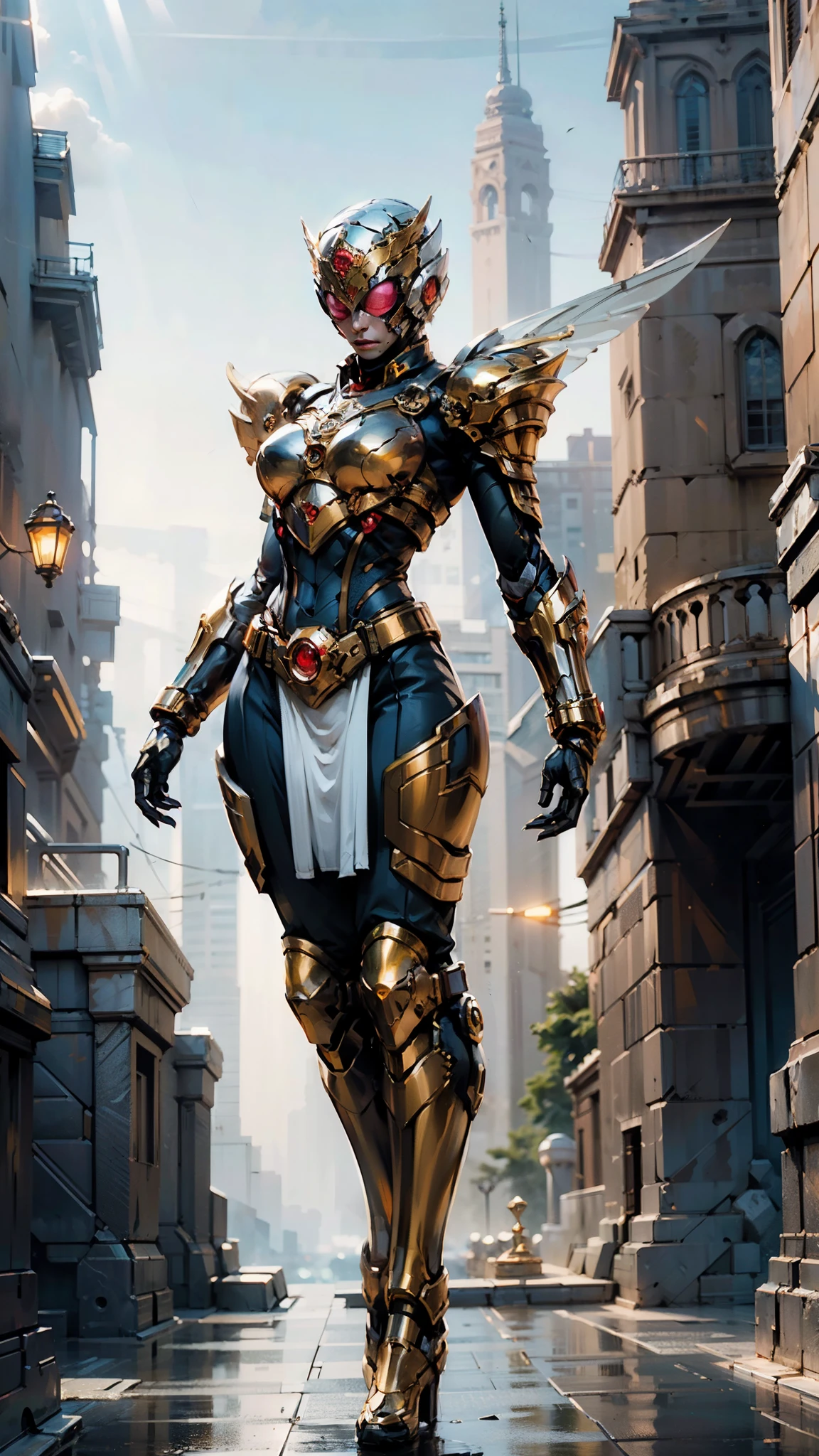 A woman adorned in fantasy-style full-body armor, a crown-concept fully enclosed helmet that unveils only her eyes, a composite layered chest plate, fully encompassing shoulder and hand guards, a lightweight waist armor, form-fitting shin guards, the overall design is heavy-duty yet flexible, (the armor gleams with a golden glow, complemented by red and blue accents), exhibiting a noble aura, she floats above a fantasy-surreal high-tech city, this character embodies a finely crafted fantasy-surreal style armored hero in anime style, exquisite and mature manga art style, (mixture of Queen bee and Spider concept Armor, plasma), ((Element, elegant, goddess, femminine:1.5)), metallic, high definition, best quality, highres, ultra-detailed, ultra-fine painting, extremely delicate, professional, anatomically correct, symmetrical face, extremely detailed eyes and face, high quality eyes, creativity, RAW photo, UHD, 32k, Natural light, cinematic lighting, masterpiece-anatomy-perfect, masterpiece:1.5