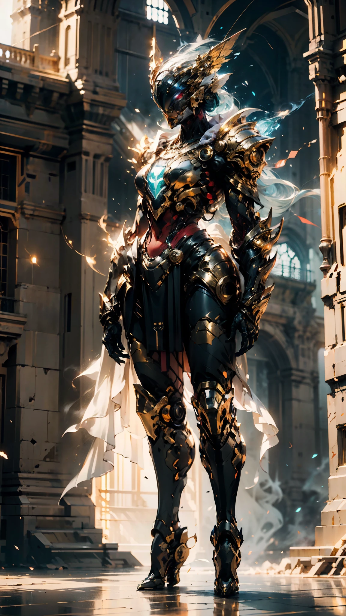 A woman adorned in fantasy-style full-body armor, a crown-concept fully enclosed helmet that unveils only her eyes, a composite layered chest plate, fully encompassing shoulder and hand guards, a lightweight waist armor, form-fitting shin guards, the overall design is heavy-duty yet flexible, (the armor gleams with a golden glow, complemented by red and blue accents), exhibiting a noble aura, she floats above a fantasy-surreal high-tech city, this character embodies a finely crafted fantasy-surreal style armored hero in anime style, exquisite and mature manga art style, (mixture of Queen bee and Spider concept Armor, plasma), ((Element, elegant, goddess, femminine:1.5)), metallic, high definition, best quality, highres, ultra-detailed, ultra-fine painting, extremely delicate, professional, anatomically correct, symmetrical face, extremely detailed eyes and face, high quality eyes, creativity, RAW photo, UHD, 32k, Natural light, cinematic lighting, masterpiece-anatomy-perfect, masterpiece:1.5