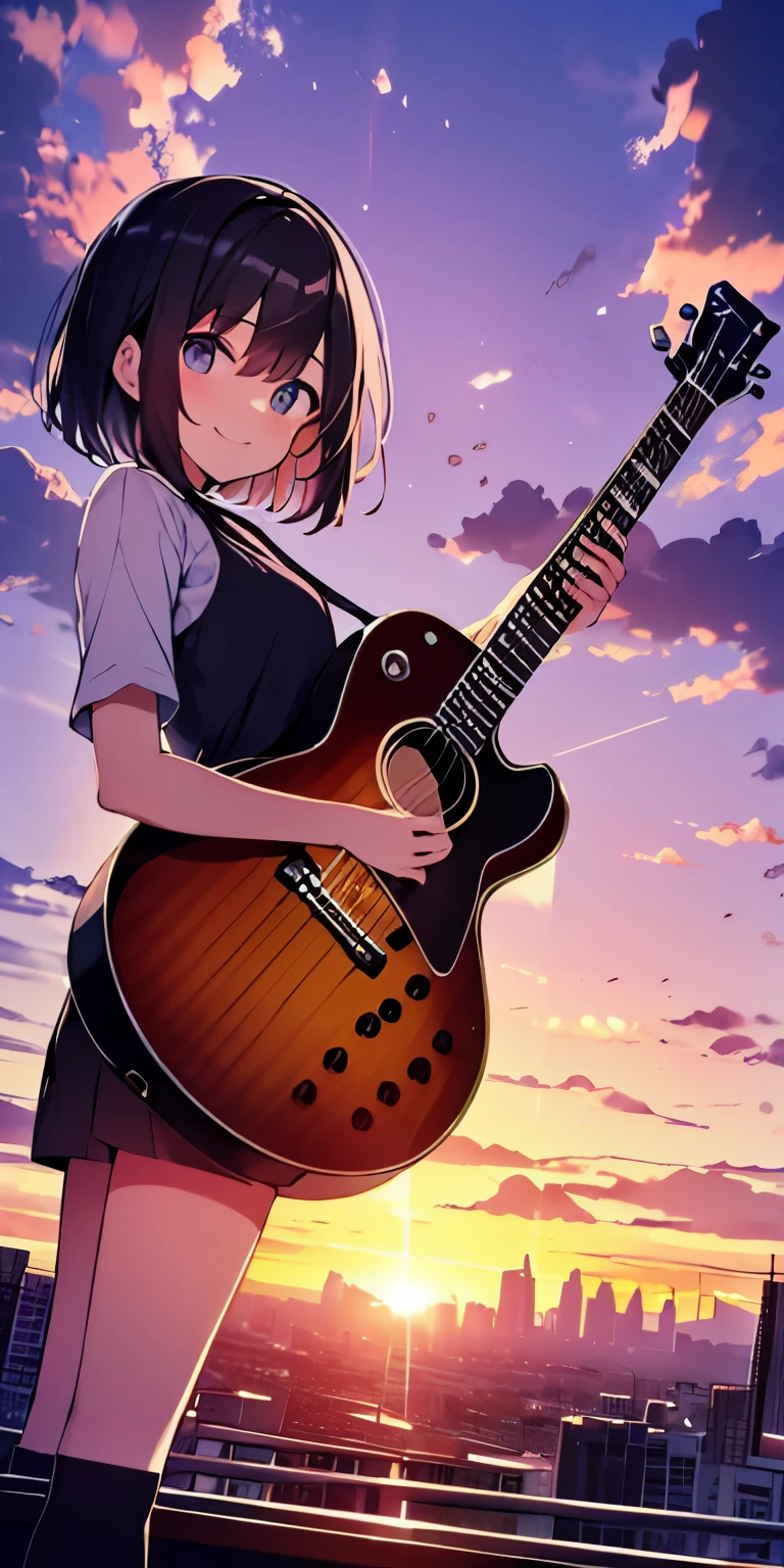 table top, highest quality,shape, wallpaper, Super detailed, absurd, 16 year old girl, alone, (medium short hair、play the guitar、smile、Overlooking the city from the top of the hill、the sunset is beautiful