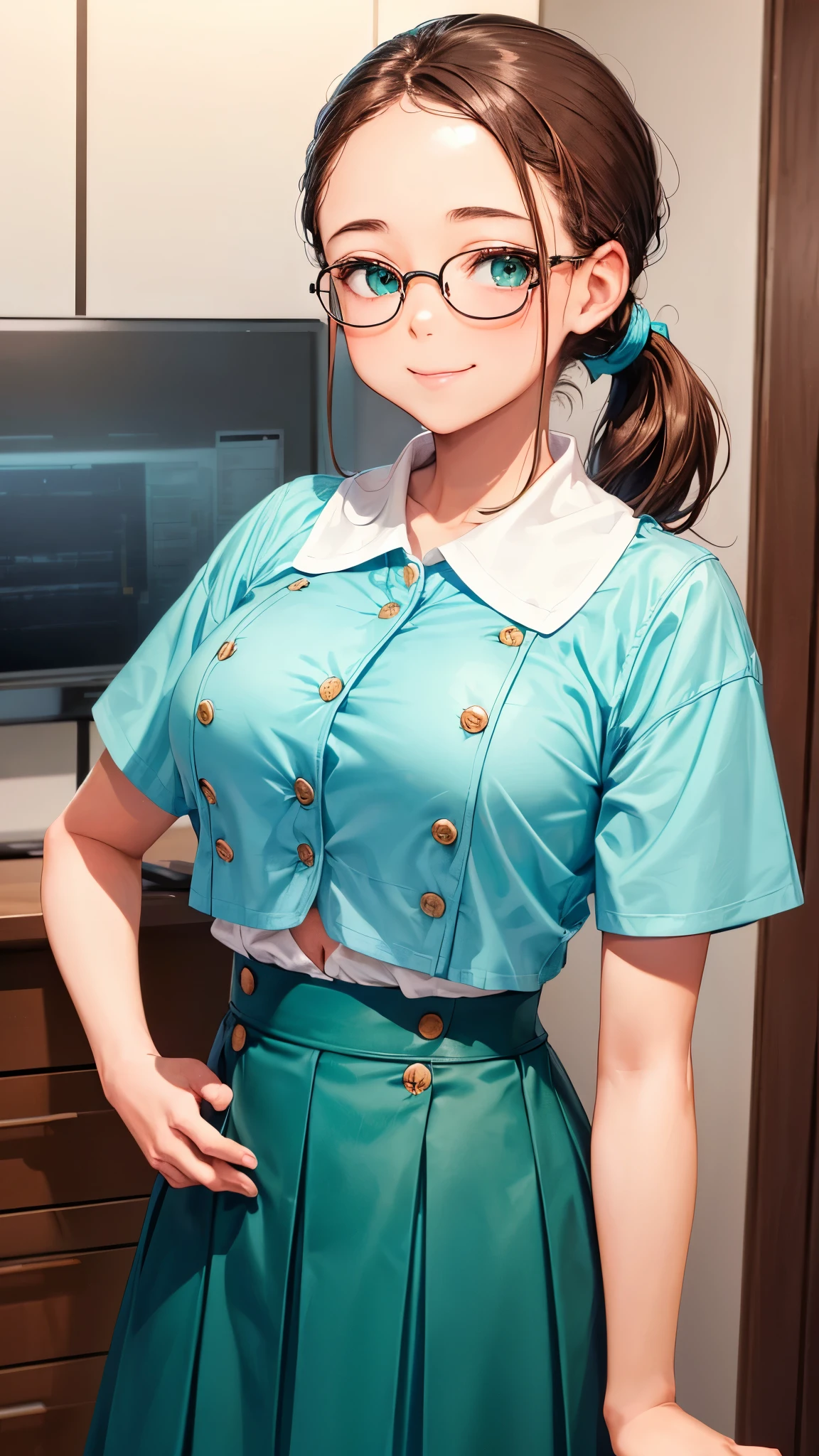 1 female,12 years old,brown hair,beautiful low ponytail hairstyle, (Teal high-waisted skirt and white shirt, (double breasted,under bust:1.2), short sleeve, button gap,natural smile,,frameless eyeglasses,