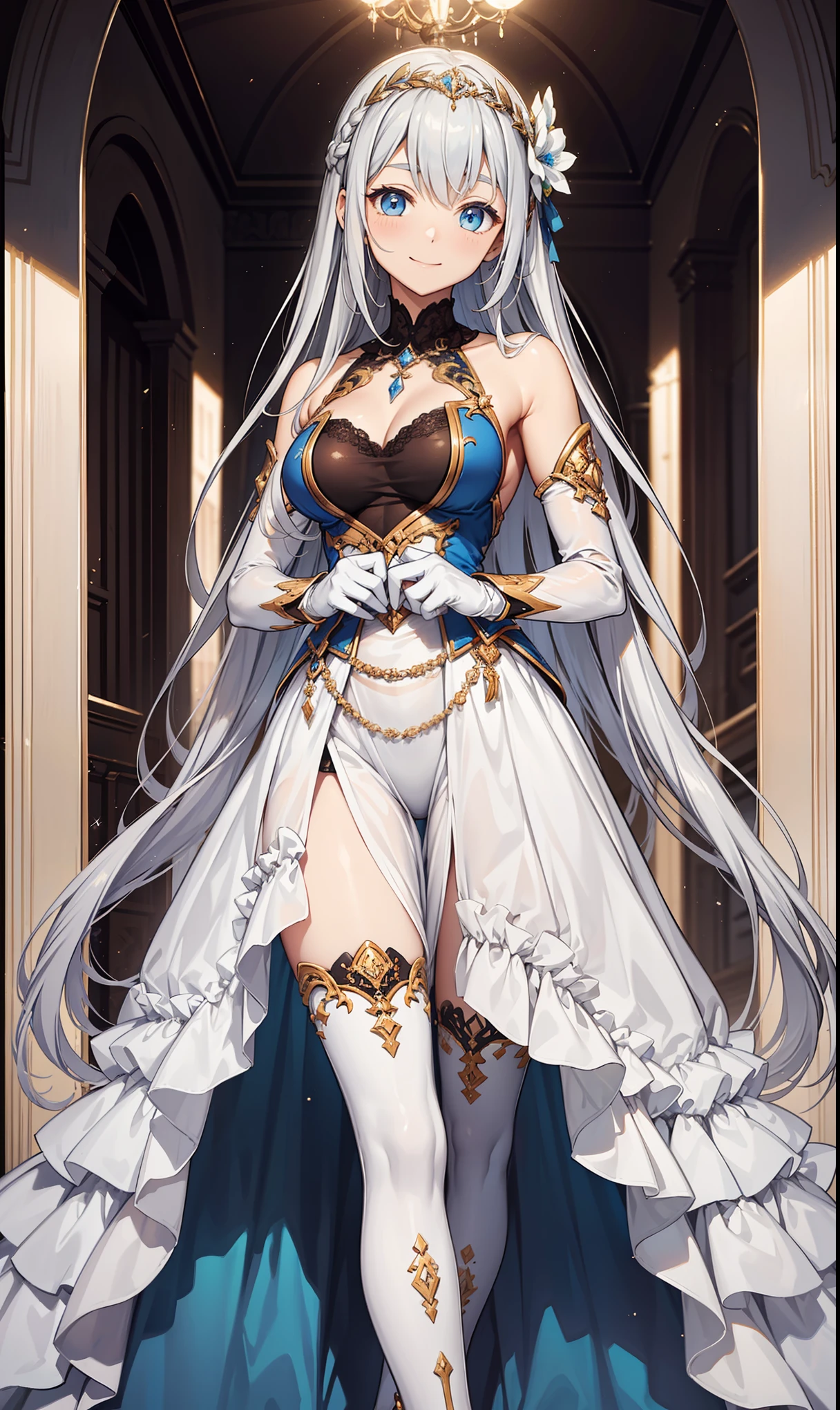 Sentinel of Heaven，Elegant and charming，charm，in love，(Fantasy world transparent white dress)，black gloves，silver hair，Smile，blue eyes，Intricately designed clothes，armor，Exotic decoration，Exquisite hair accessories，Transparent lace，Sky blue pattern，light stripes，dress nicely，indoor，night，Carved suspender boots，Super super details，holy mist，light particles，Exquisite and beautiful eyes and face