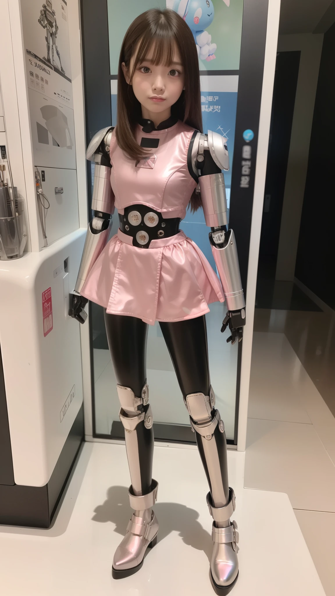 Robot Girl, pink there, Silver, Metallic body, Robot Parts, Metal Parts, Super Detailed Face, Super well-formed face, of the highest quality, a small face, a small head, Brown hair, Slender body, Camera gaze, Internal Mechanical Exposure, Idol, front facing, Well-proportioned body, sale, Exhibited, Event Hall, Moe Pose, pink metallic Lolita dress machine armor, Standing with legs open, Model body type, sad, Embarrassing,(Perfect Robot Girl),(Perfect machine body)