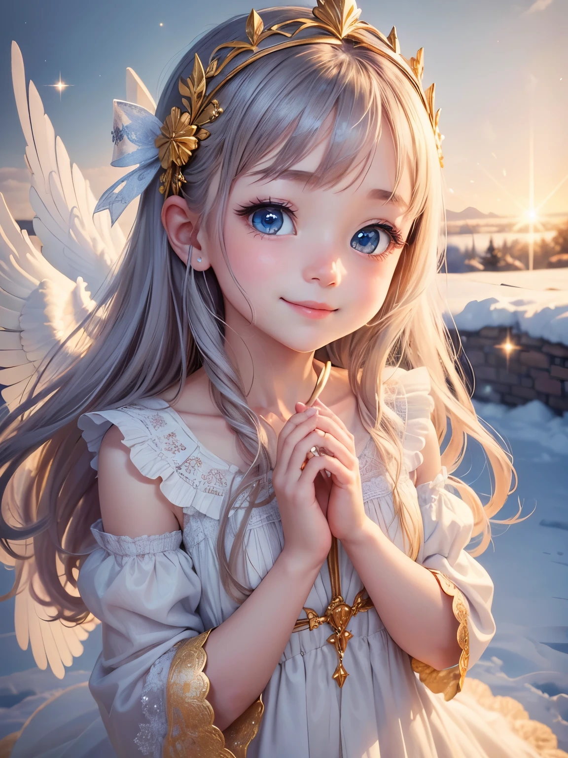 masterpiece, best quality, (family_friendly:0.9)1girl, Feathers, angels, halos, pure white, tenderness, smile, sanctuary