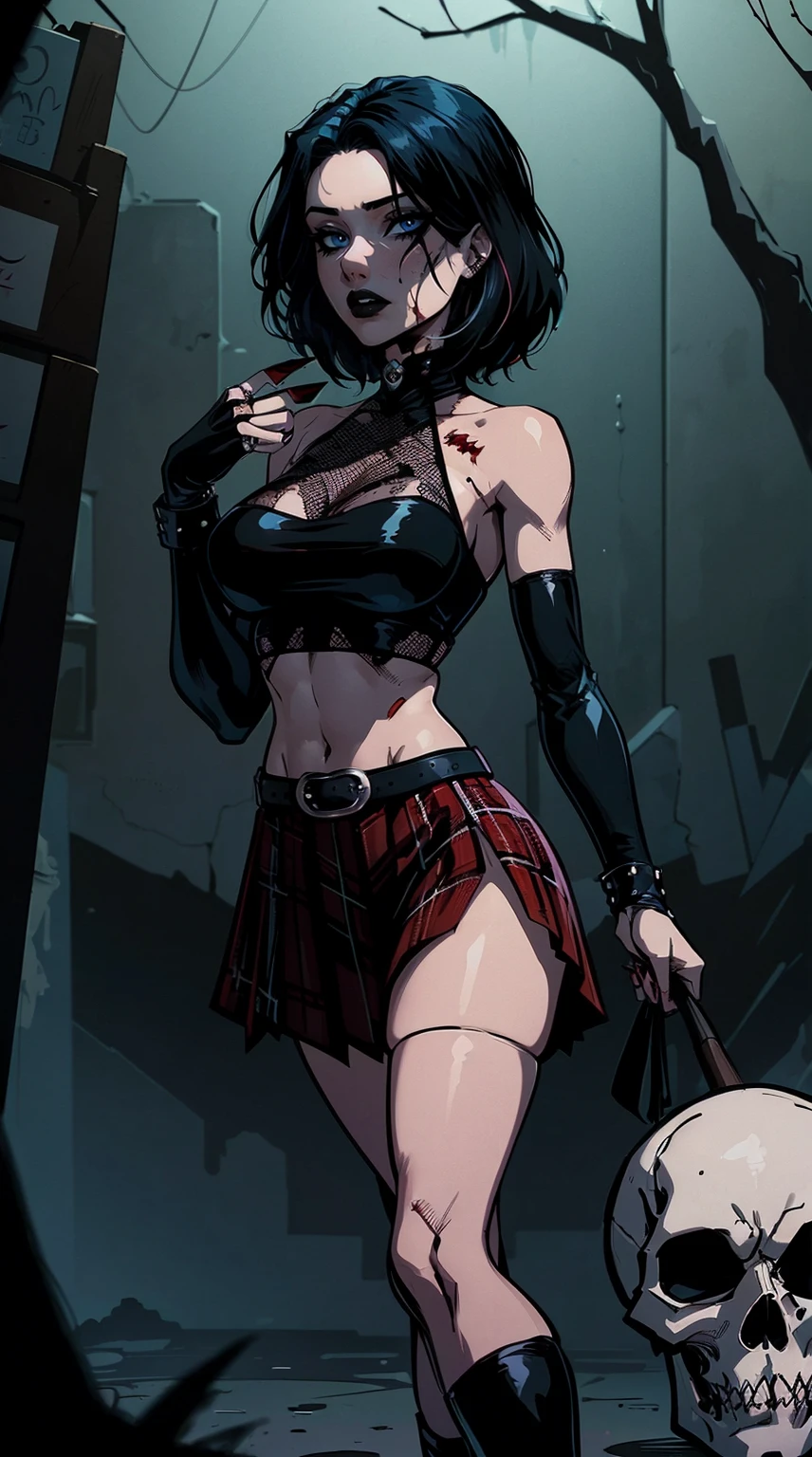 a woman with short black hair, hair on shoulders, wearing a black cropped and plaid skirt, blue eyes, zombie art, gothic art, cute aesthetic with vibe, toon aesthetic, wearing red costume, wearing gothic accessories, look like Cassie Hack, whole body, holding a skull in his hand, horror background