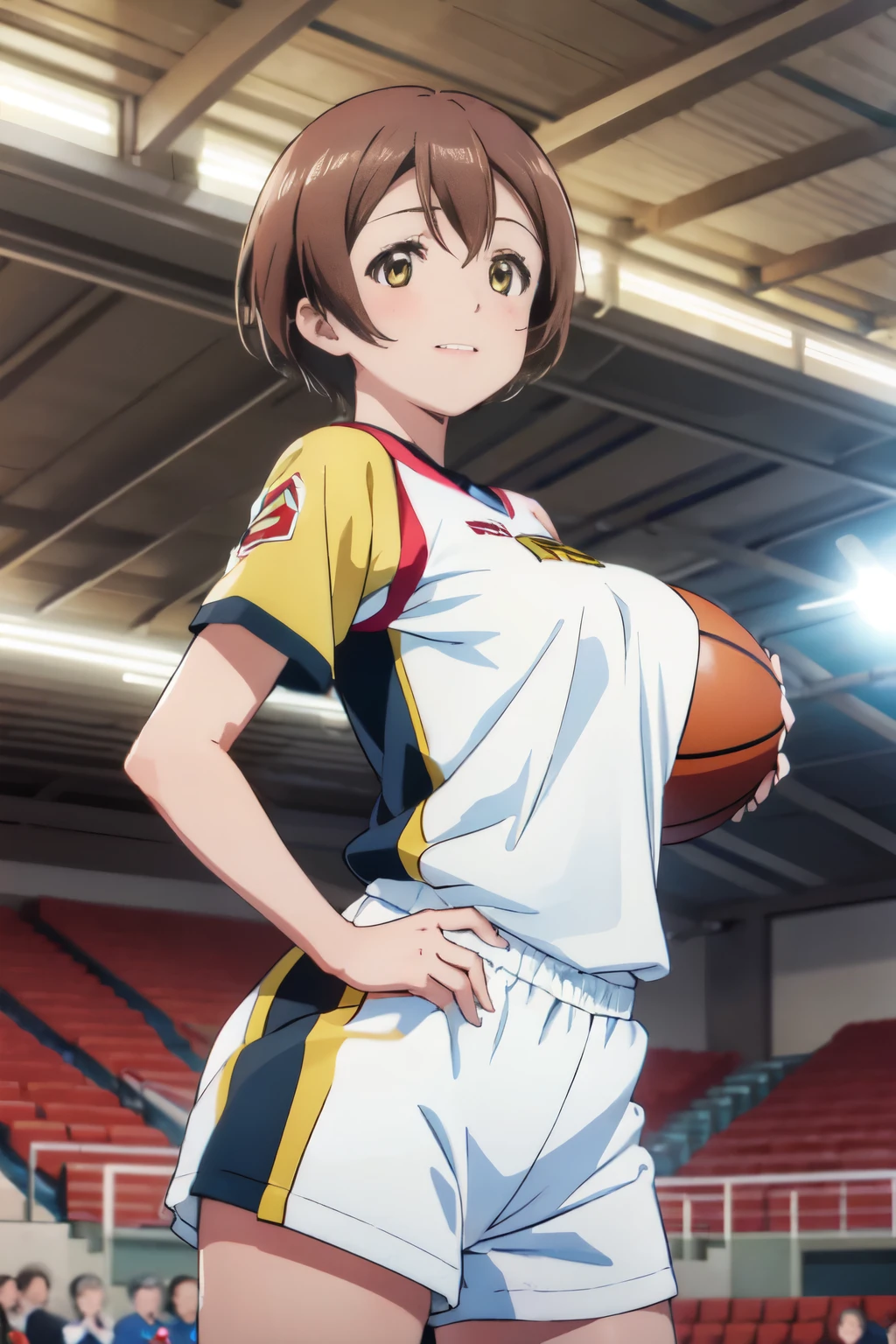 8k,highest quality,masterpiece,(((pixel perfect, Perfect in every detail))), alone, 1 girl, rin hoshizora, brown hair,short hair yellow eyes,Limited to 1 female, (dynamic posing:1.2), /(basketball uniform/), mature woman, /(black hair/) bangs, light smile, (highest qualityのmasterpiece:1.2) Delicate illustrations super detailed, Big breasts BREAK /(Civic gymnasium/) indoor, audience