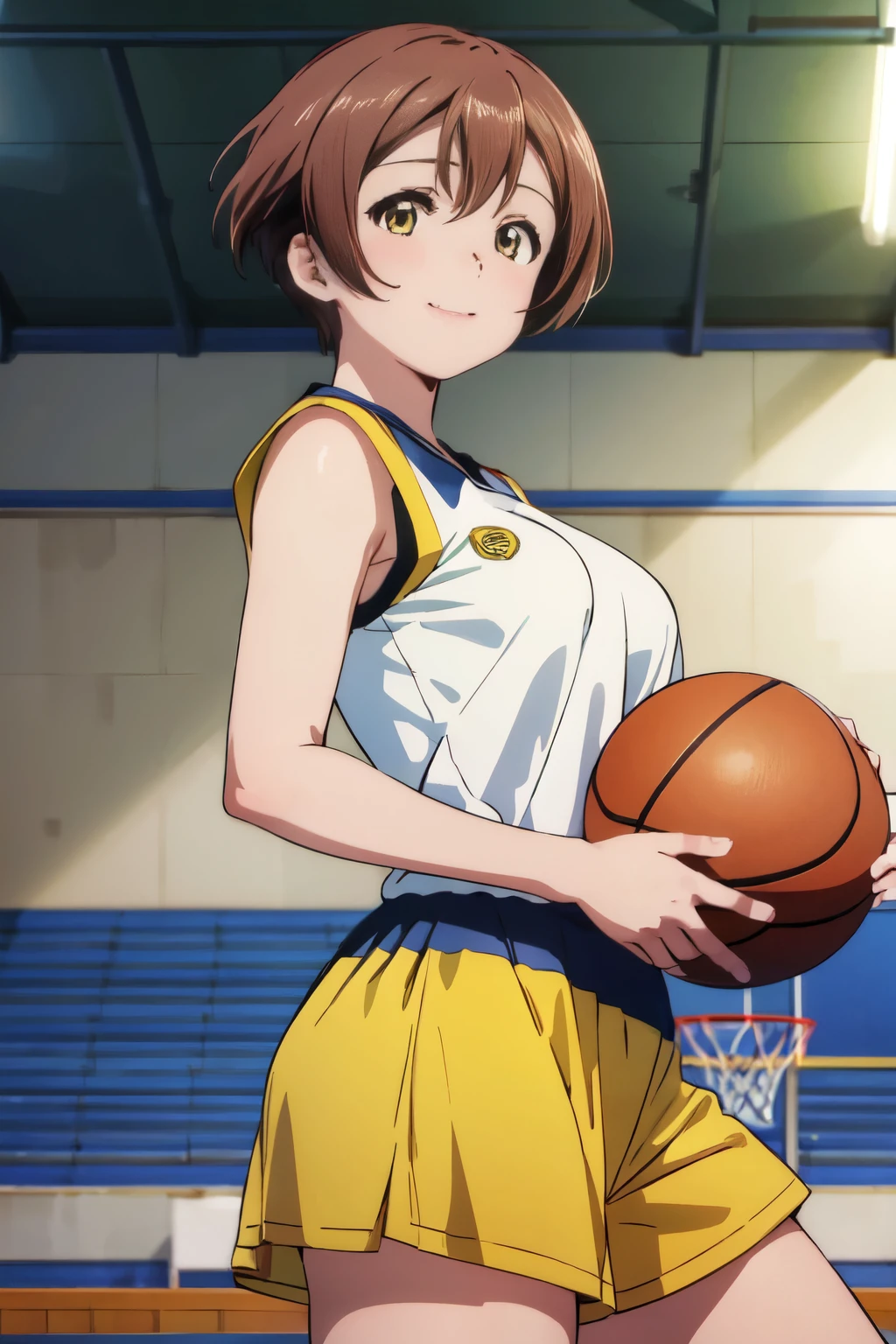 8k,highest quality,masterpiece,(((pixel perfect, Perfect in every detail))), alone, 1 girl, rin hoshizora, brown hair,short hair yellow eyes,Limited to 1 female, (dynamic posing:1.2), /(basketball uniform/), mature woman, /(black hair/) bangs, light smile, (highest qualityのmasterpiece:1.2) Delicate illustrations super detailed, Big breasts BREAK /(Civic gymnasium/) indoor, audience