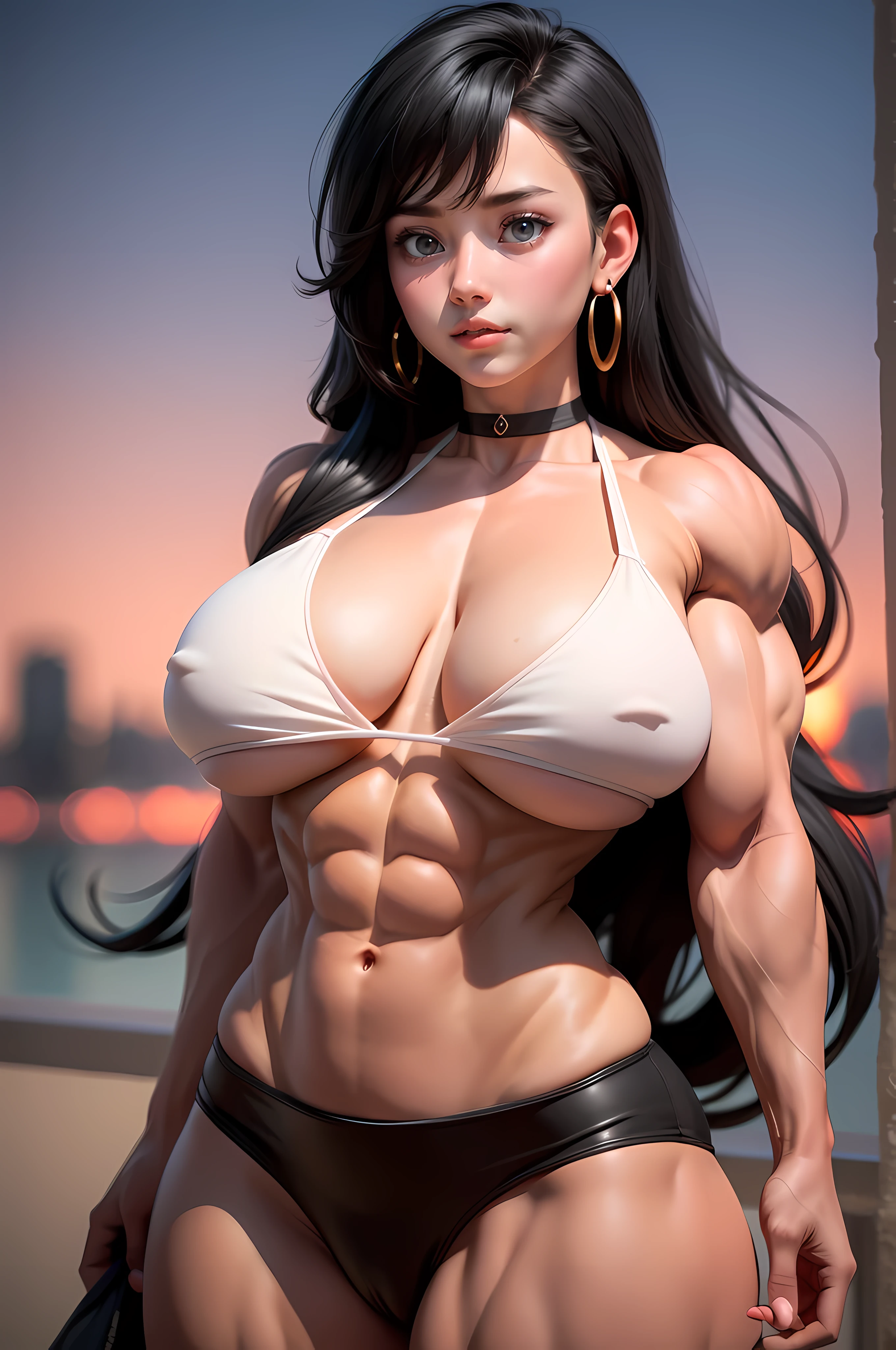 masterpiece, best quality,3d rending work ,3DMM style,close-up, 3D,1girl, solo, black hair, teardropshaped earrings, looking to the side, realistic, upper body, sunset sky background, bangs, looking away, long straight black hair, parted lips, choker, makeup, mole, (white bikini:1.3), red eyes, tifa lockhart, (huge breasts:1.5) enormous droopy breasts, macromastia, cleavage, exposed stomach,((((Muscular Quadriceps)))), (((((Massive Female Bodybuilder))))), (((((Huge Muscles))))), black miniskirt