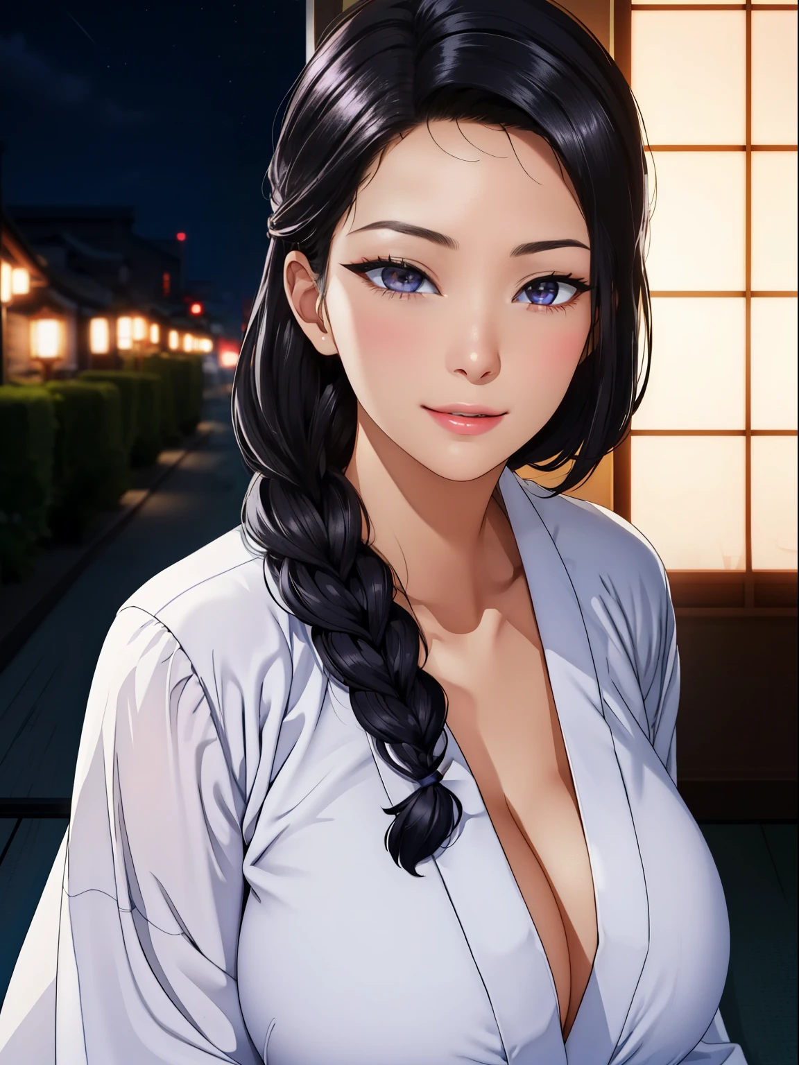 (night:1.7), Japan, Tokyo, City view, in front of the window,
looking at the viewer, (fascinating look:1.2), Happy, 笑face,
(white_kimono:1.3),cleavage,
black_hair, length_hair, hair_pulled_return,Broke up_lips,purple_eye, Braid,
1 girl, 24-years-old,mature woman,beautiful Finger,beautiful length legs,beautiful body,beautiful Nose,beautiful character design, perfect eye, perfect face, perfect fingers, perfect hands, 完璧なchest, perfect body,
looking at the viewer, in the center of the image,
NSFW,official art,highly detailed body, exteremly detailed face, extremely detailed hair, extremely detailed eye, wallpaper, perfect lighting,colorful, bright_front_face_lit,
(masterpiece:1.0),(Highest_quality:1.0), 超High resolution,4k,super detailed,
photograph, 8k, HDR, High resolution, disorganized:1.2, kodak portrait 400, film grain, blurry returnground, Bokeh:1.2, Lens flare, (lively_color:1.2)
(beautiful,big_chest:1.4), (beautiful_face:1.5),(narrow_waist),