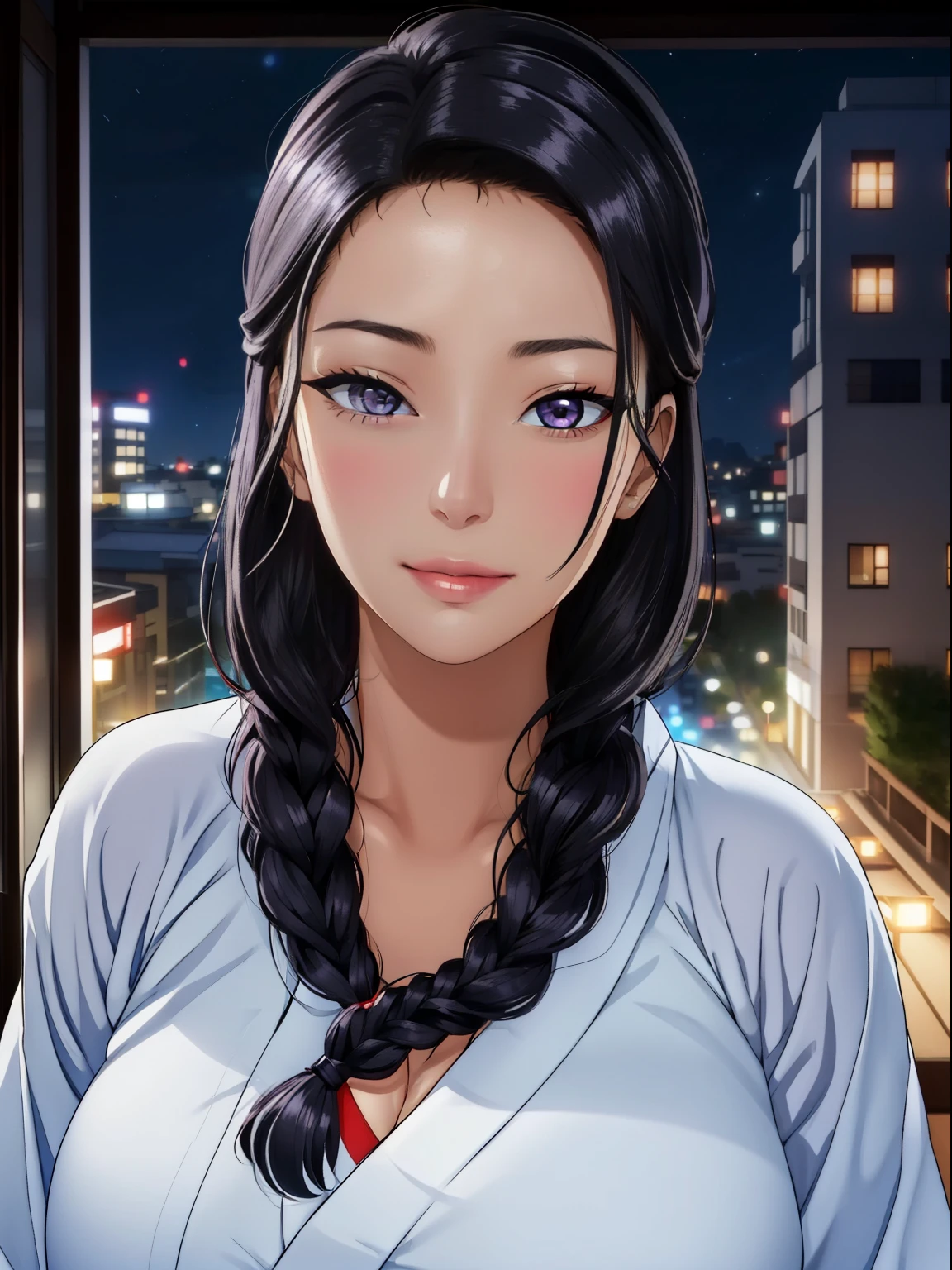 (night:1.7), Japan, Tokyo, City view, in front of the window,
looking at the viewer, (fascinating look:1.2), Happy, 笑face,
(white_kimono:1.3),cleavage,
black_hair, length_hair, hair_pulled_return,Broke up_lips,purple_eye, Braid,
1 girl, 24-years-old,mature woman,beautiful Finger,beautiful length legs,beautiful body,beautiful Nose,beautiful character design, perfect eye, perfect face, perfect fingers, perfect hands, 完璧なchest, perfect body,
looking at the viewer, in the center of the image,
NSFW,official art,highly detailed body, exteremly detailed face, extremely detailed hair, extremely detailed eye, wallpaper, perfect lighting,colorful, bright_front_face_lit,
(masterpiece:1.0),(Highest_quality:1.0), 超High resolution,4k,super detailed,
photograph, 8k, HDR, High resolution, disorganized:1.2, kodak portrait 400, film grain, blurry returnground, Bokeh:1.2, Lens flare, (lively_color:1.2)
(beautiful,big_chest:1.4), (beautiful_face:1.5),(narrow_waist),