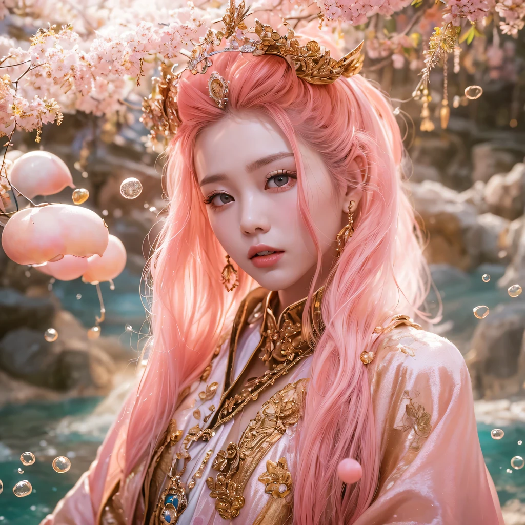 Peach Velvet Series,Peach-colored flull颜色,enamel,agate,A flesh-colored world,Blood Blue Maiden 32k(masterpiece,HD,Aoyama Pond,Ultra high quality,32k)Bright pink long flowing hair,blood pool,Ziddink, a color,Grumpy (After greeting), (Linen scarf), fighting stance, looking at the ground, light pink long hair, Floating bright blue, Fire cloud gold headdress, Chinese long-sleeved gold silk burgundy garment, (Abstract metaverse splash:1.2), White background,Peony flower vitality protector(realistically:1.4),Peach-colored flull,Smoke on the road,The background is very pure, high resolution, detail, RAW photos, Sharp Re, Nikon D850 film photo by Jefferies Lee 4 Kodak Portra 400 camera F1.6 guns, colorful, Ultra-realistic and vivid textures, dramatic lighting, Unreal Engine Art Station Trend, Sinest 800,Long flowing girl peach hair,Huge colorful bubbles light pink