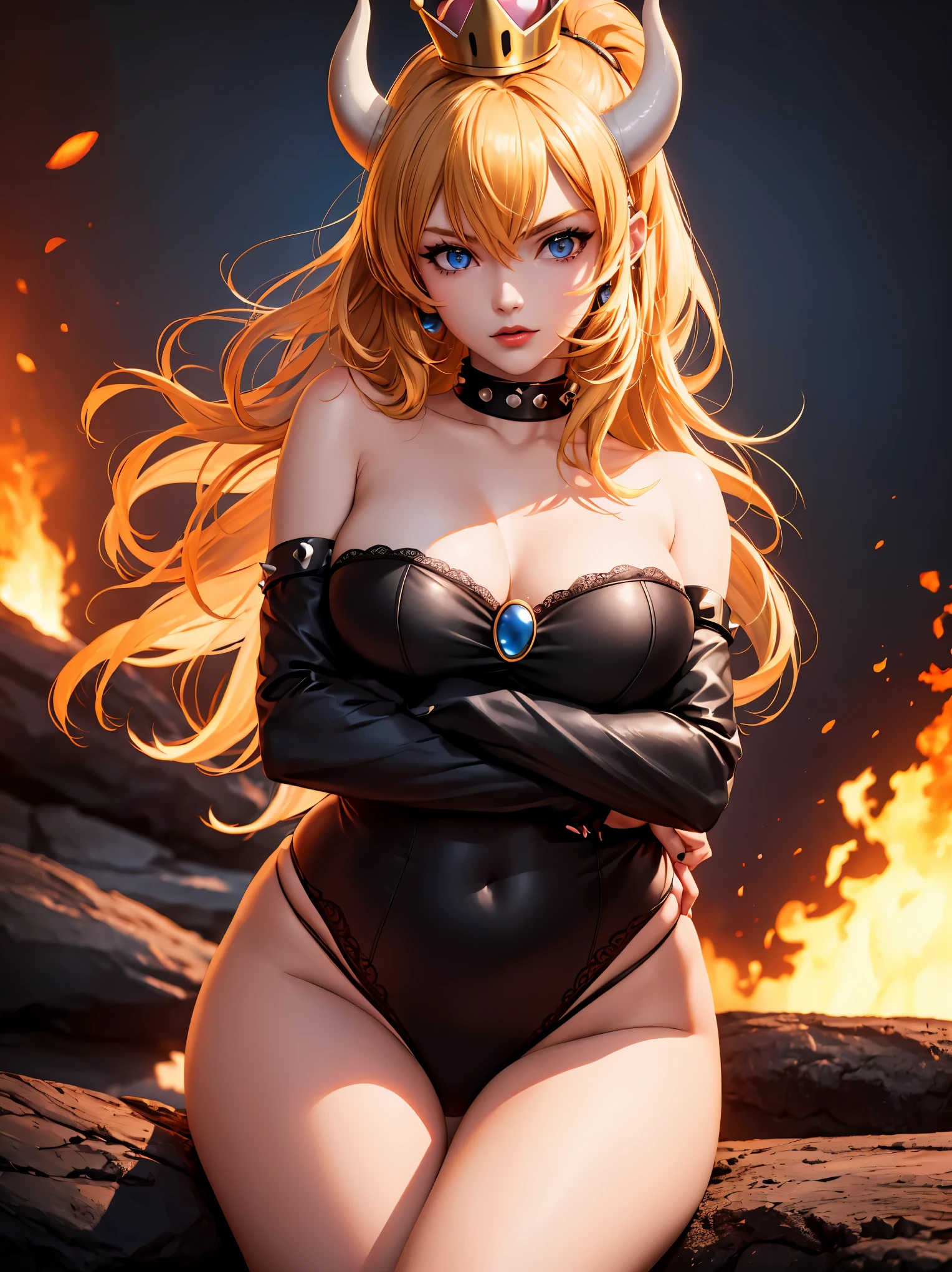 ((high detailed, best quality, 4k, masterpiece, hd:1.3)), ((best quality)), (((HD))), (((8k))), (ultraDH), (ultra HD), Princess Daisy, blue eyes, BREAK blue eyes, seductive, attractive, smooth anime cg art, 36C breasts, long legs, vivid colors, detailed digital art, slim body, perfect skin, dark blonde hair, long hair, blonde hair, blonde hair, BREAK crown, cleavage, 36C cleavage, looking at viewer, BREAK looking at viewer, extremely detailed face, red santa suit, red santa claus suit, santa claus suit, earrings, gem, dark black makeup lips, dark gothic eyeshadows, dark eyeshadows, black eyeshadows, black sexy lips, black lips, (dark:1.2), dark lips, very dark lips, (perfect hands, perfect anatomy), black makeup, black medium lips, black thick lips, detailed fingers, five fingers per hand, 5 fingers, (1 girl), detailed lips, detailed black lips, black painted lips, gothic painted lips, BREAK night, night sky, (breast focus), (arms outstreched:1.2), (from above:1.1), (breasts out:1.3), (off shoulder:1.1), (white horns), (lingerie), inside a lava castle, she inside a sea of lava, she bathing in lava,