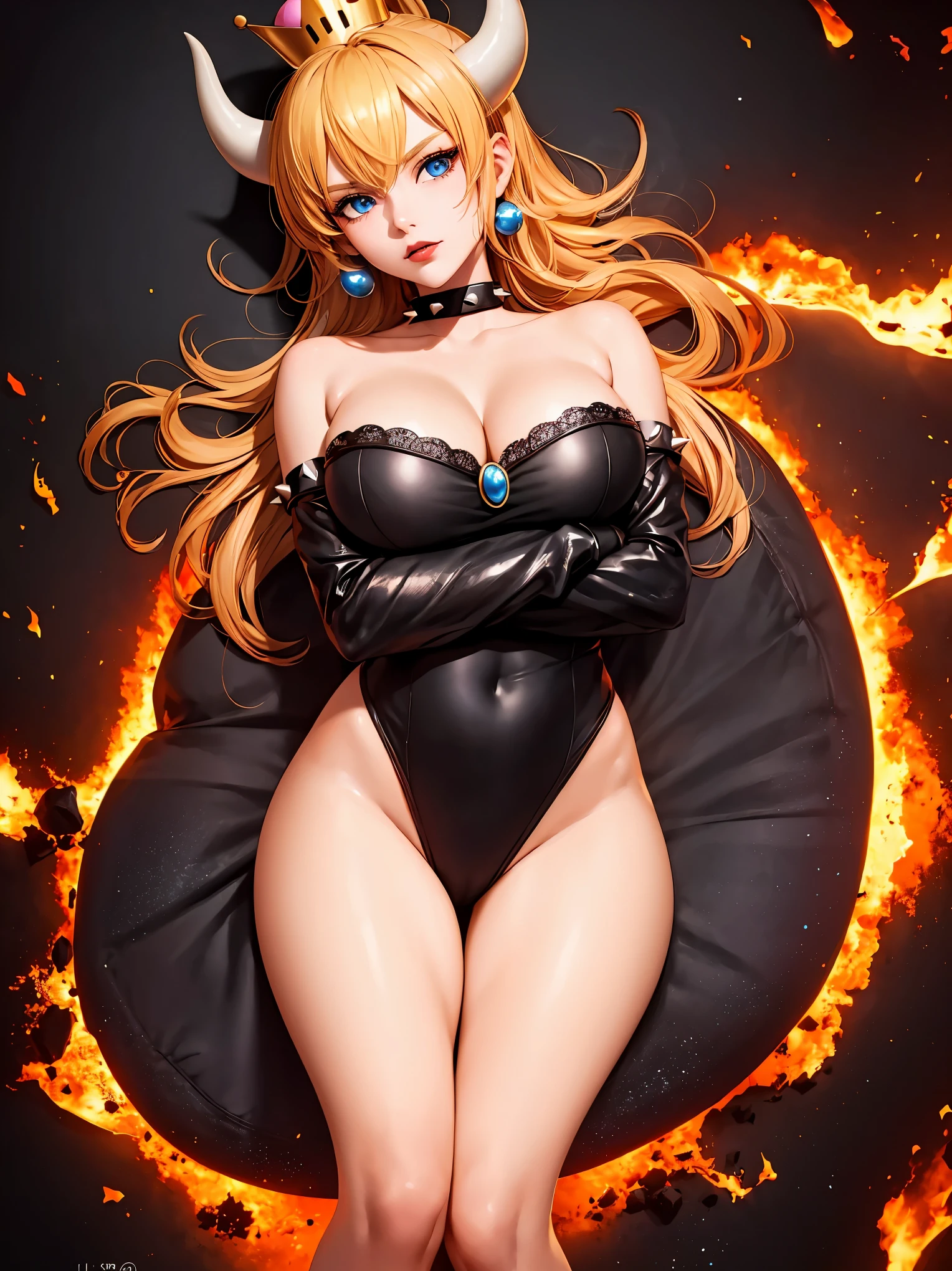 ((high detailed, best quality, 4k, masterpiece, hd:1.3)), ((best quality)), (((HD))), (((8k))), (ultraDH), (ultra HD), Princess Daisy, blue eyes, BREAK blue eyes, seductive, attractive, smooth anime cg art, 36C breasts, long legs, vivid colors, detailed digital art, slim body, perfect skin, dark blonde hair, long hair, blonde hair, blonde hair, BREAK crown, cleavage, 36C cleavage, looking at viewer, BREAK looking at viewer, extremely detailed face, red santa suit, red santa claus suit, santa claus suit, earrings, gem, dark black makeup lips, dark gothic eyeshadows, dark eyeshadows, black eyeshadows, black sexy lips, black lips, (dark:1.2), dark lips, very dark lips, (perfect hands, perfect anatomy), black makeup, black medium lips, black thick lips, detailed fingers, five fingers per hand, 5 fingers, (1 girl), detailed lips, detailed black lips, black painted lips, gothic painted lips, BREAK night, night sky, (breast focus), (arms outstreched:1.2), (from above:1.1), (breasts out:1.3), (off shoulder:1.1), (white horns), (lingerie), inside a lava castle, she inside a sea of lava, she bathing in lava,