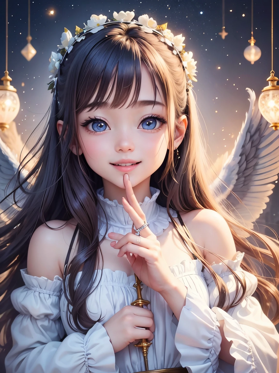 masterpiece、highest quality、super detailed、(Chibi Chara Angel:1.2)、Detailed wings with white hairs、(Hello:1.4)、open your mouth and smile、white dress、Upper body posture、The background is golden and bright,