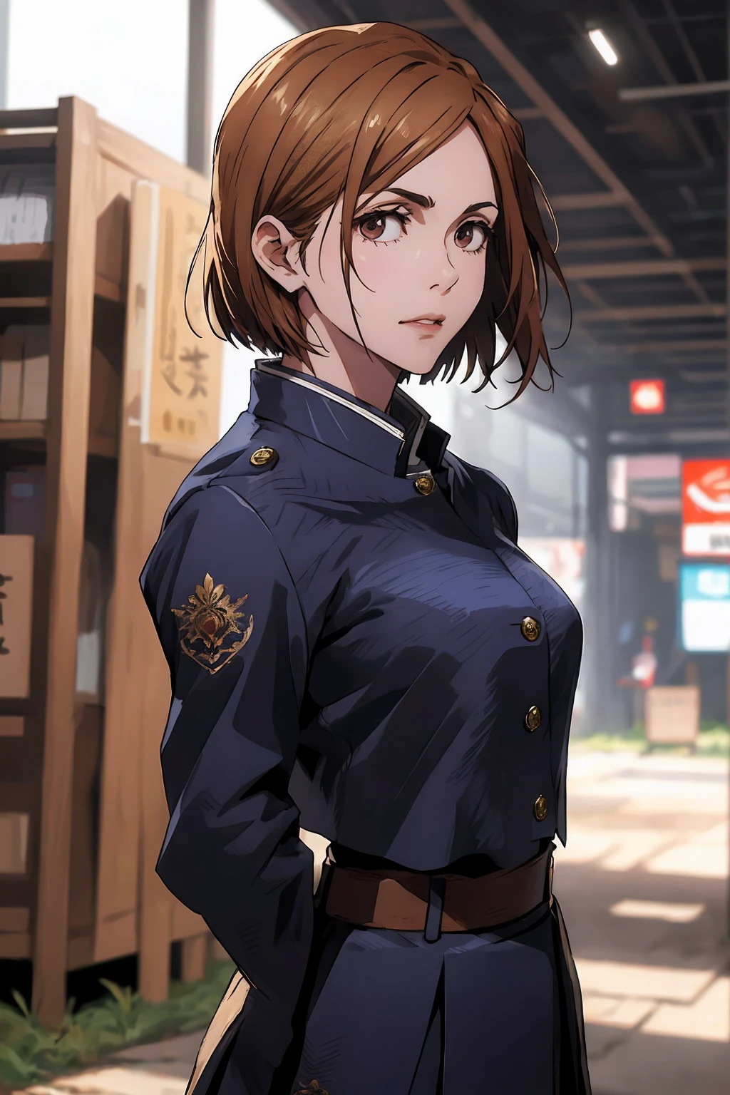 1girl, cowboy shot, beautiful Nobara, school_uniform, bangs, jacket,, volumetric lighting, best quality, masterpiece, intricate details, tonemapping, sharp focus, hyper detailed, trending on Art Station, 4k,full body