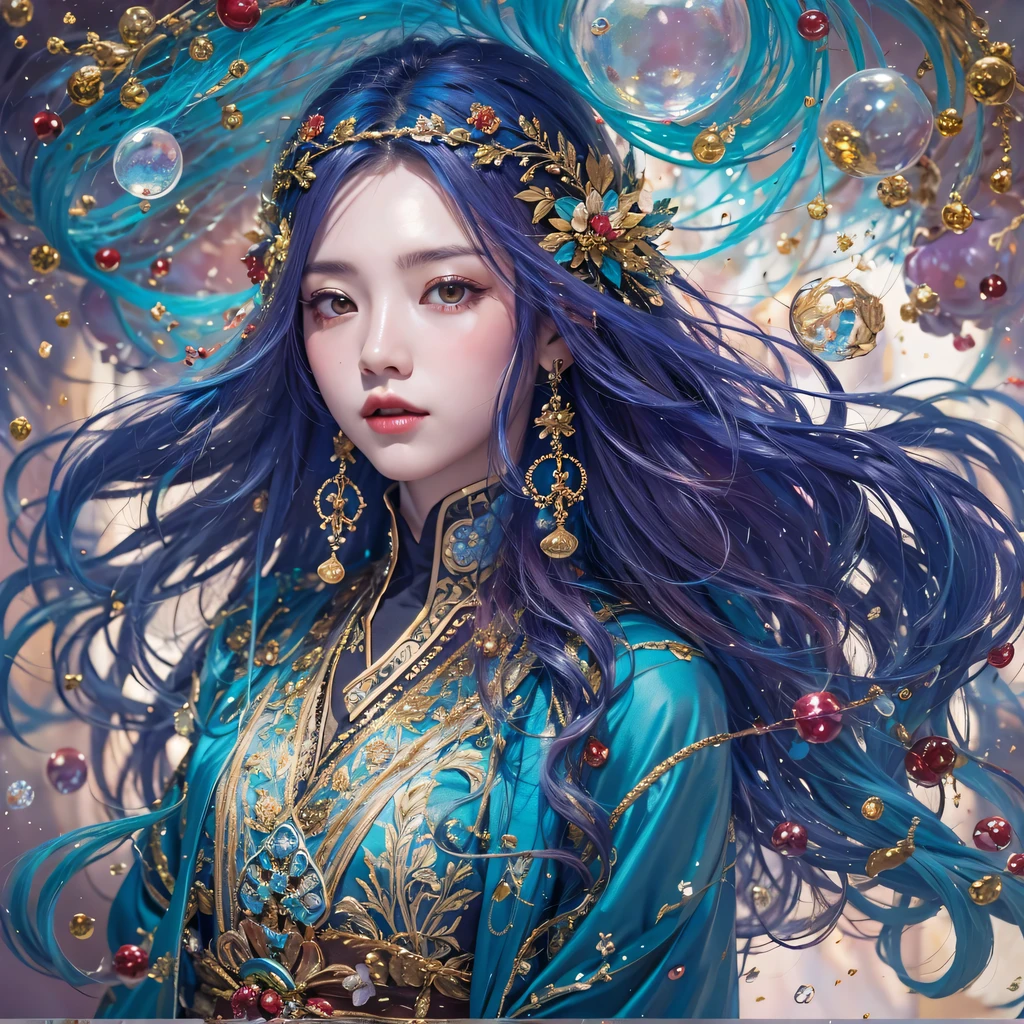 pinkblue colors，enamel，agate，A flesh-colored world，Blood Blue Maiden 32k（masterpiece，HD，Aoyama Pond，Ultra high quality，32k）long flowing bright blue hair，blood pool，Ziddink， a color，Grumpy （After greeting）， （Linen scarf）， fighting stance， looking at the ground， long white hair， Floating bright blue， Fire cloud gold headdress， Chinese long-sleeved gold silk burgundy garment， （Abstract metaverse splash：1.2）， White background，Peony flower vitality protector（realistically：1.4），bright purple hair，Smoke on the road，The background is very pure， high resolution， detail， RAW photos， Sharp Re， Nikon D850 film photo by Jefferies Lee 4 Kodak Portra 400 camera F1.6 guns, colorful, Ultra-realistic and vivid textures, dramatic lighting, Unreal Engine Art Station Trend, Sinest 800，一个有着long flowing bright blue hair的女孩，huge colorful bubbles