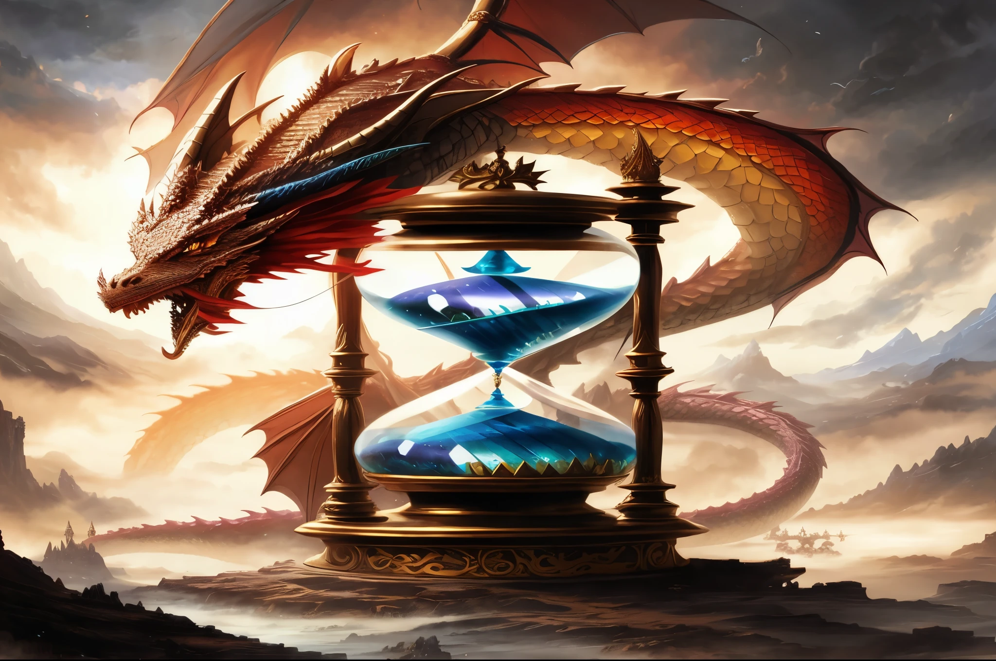 painting of a dragon with a hourglass in its mouth, symmetrical epic fantasy art, epic fantasy novel cover art, 4k fantasy art, dragonlance illustration, time consumes us all, hyperrealistic fantasy art, fantasy book cover painting, d & d fantasy digital art, fantasy art behance, oil painting of dragon, detailed art