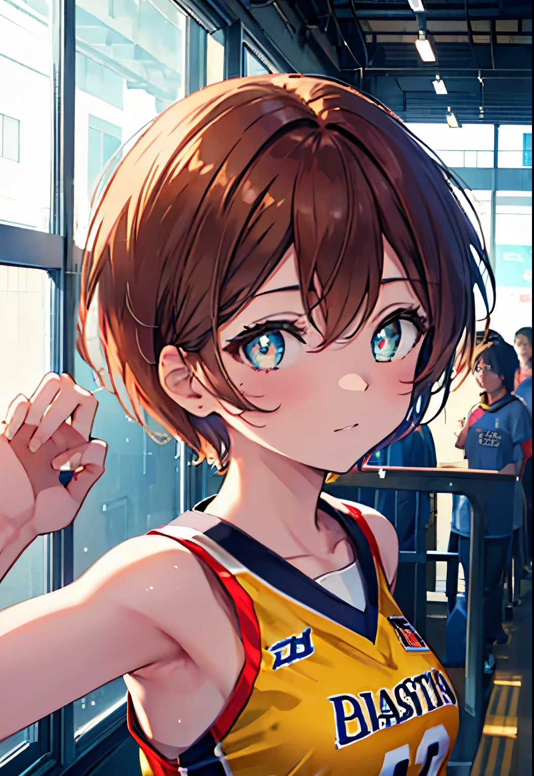 8k,highest quality,masterpiece,(((pixel perfect, Perfect in every detail))), alone, 1 girl, rin hoshizora, brown hair,short hair yellow eyes,small breasts,Limited to 1 female, (dynamic posing:1.2), /(basketball uniform/),  /bangs, (highest qualityのmasterpiece:1.2) Delicate illustrations super detailed, Big breasts BREAK /(Civic gymnasium/) indoor, audience、(masterpiece:1.2), highest quality, High resolution, unity 8k wallpaper, (shape:0.8), (beautiful and detailed eyes:1.6), highly detailed face, perfect lighting, Very detailed CG, (perfect hands, perfect anatomy),