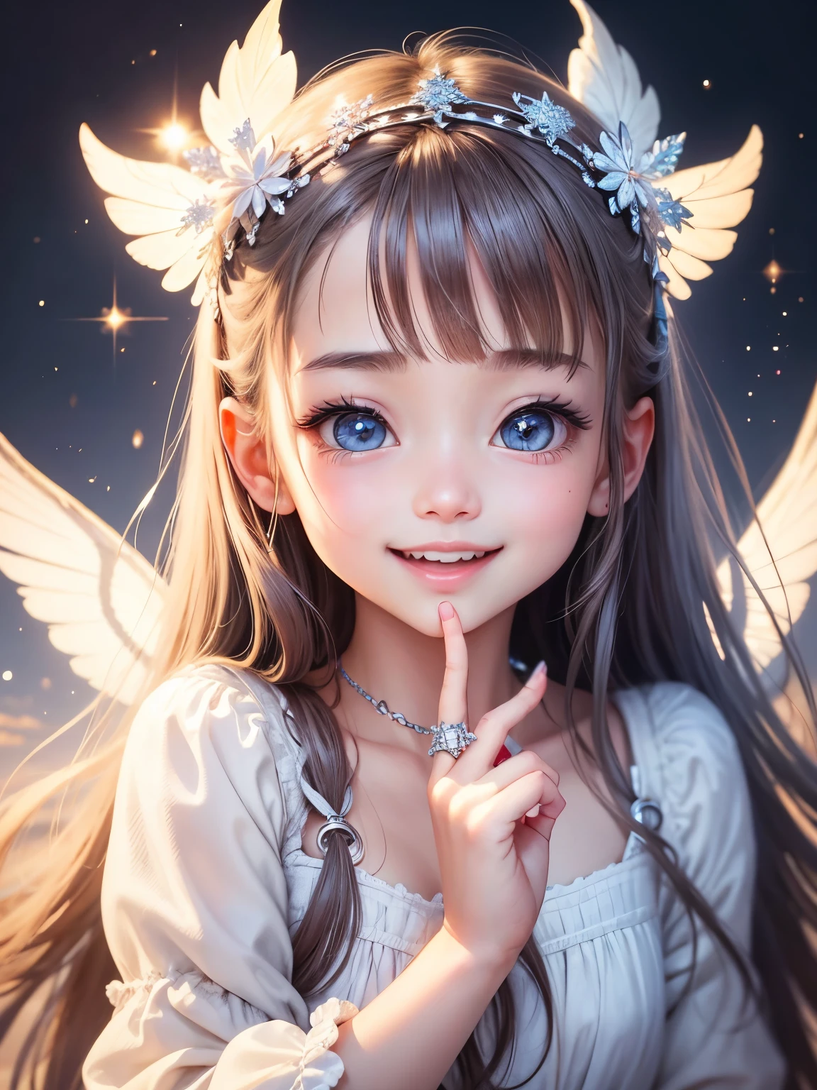 best image quality、detailed eyes、long eyelashes、fairy tale world、three-headed little angel、A young angel with a big head and a 、An angel ring is floating above my head、She's talking to me with her cute mouth open.、cute smile、Surprisingly big and sparkling eyes、There are cute angels with angel rings floating above their heads around the girl.、Pose with hand next to mouth、happy smile、The background is a bright winter landscape in Northern Europe.、Diamond dust is dancing glitteringly、