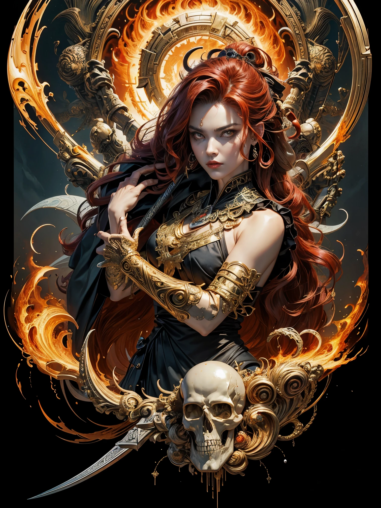 Hades，The Grim Reaper armed with a giant scythe,（wear：black robe，），fire breathing eyes，angry expression，(hairstyle: red curly hair，)，beard, roman mythology，8k wallpaper,good quality eyes，right eye，right hand， Super detailed, beautiful and beautiful, masterpiece, best quality, (Fractal art: 1.3), mountains, Machine detailed, Dynamic angle, Cowboy shooting, The most beautiful form of chaos, elegant, brutalist design, Bright colors, , volcano,hell, bubble, shells, Blood, pearl，magma,flame, Libra, shells, skull, soul，Hold the scythe，Retro Style，（tangled，mandala，tangled，entangled）， (Fractal art: 1.3)，divine light，gold foil，gold foil艺术，flash drawing，delicate face