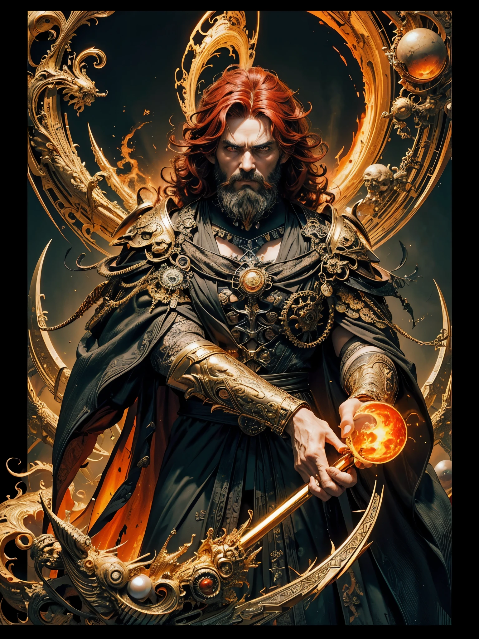 Hades,The Grim Reaper armed with a giant scythe,(wear:black robe,),fire breathing eyes,angry expression,(hairstyle: red curly hair,),beard, roman mythology,8k wallpaper,good quality eyes,right eye,right hand, Super detailed, beautiful and beautiful, masterpiece, best quality, (Fractal art: 1.3), mountains, Machine detailed, Dynamic angle, Cowboy shooting, The most beautiful form of chaos, elegant, brutalist design, Bright colors, , volcano,hell, bubble, shells, Blood, pearl,magma,flame, Libra, shells, skull, soul,Hold the scythe,Retro Style,(tangled,mandala,tangled,entangled), (Fractal art: 1.3),divine light,gold foil,gold foil艺术,flash drawing,delicate face