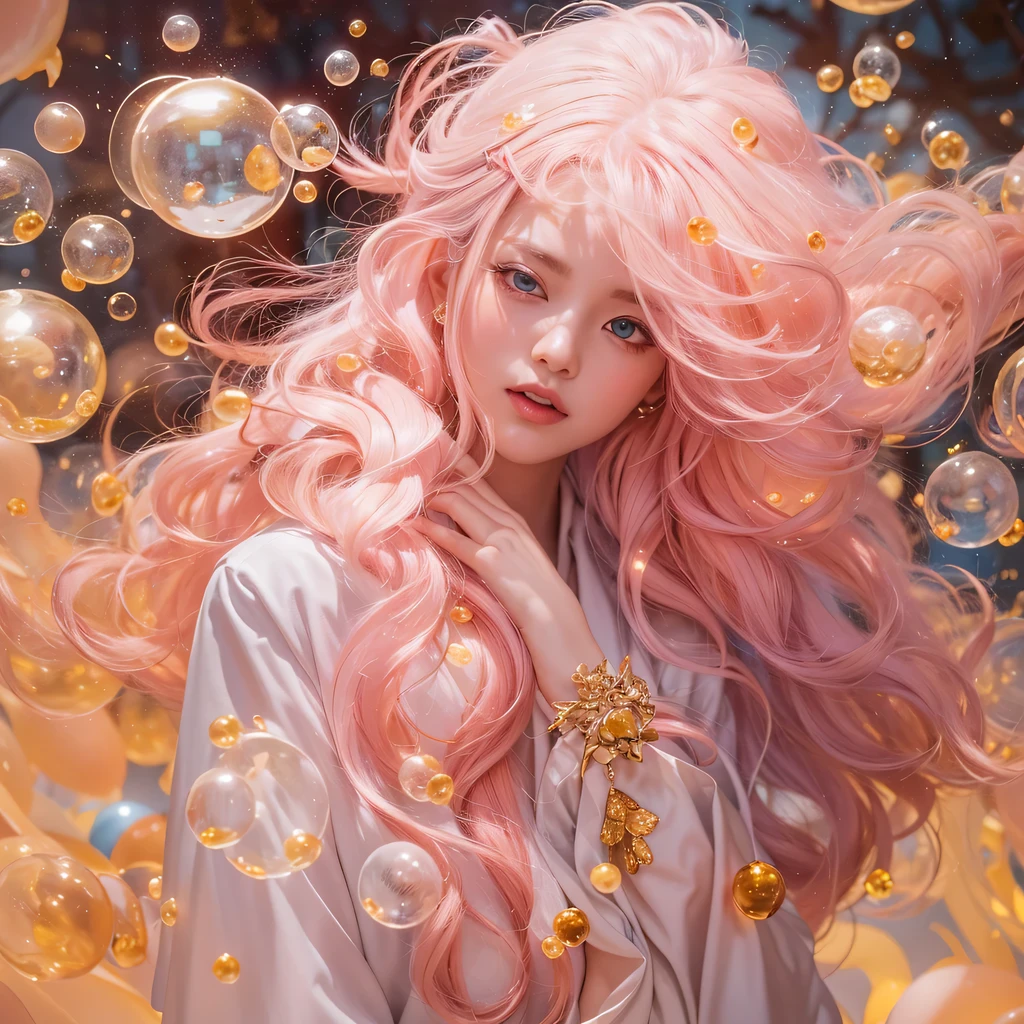 Peach Velvet Series，Peach-colored flull颜色，enamel，agate，A flesh-colored world，Blood Blue Maiden 32k（masterpiece，HD，Aoyama Pond，Ultra high quality，32k）Bright pink long flowing hair，blood pool，Ziddink， a color，Grumpy （After greeting）， （Linen scarf）， fighting stance， looking at the ground， light pink long hair， Floating bright blue， Fire cloud gold headdress， Chinese long-sleeved gold silk burgundy garment， （Abstract metaverse splash：1.2）， White background，Peony flower vitality protector（realistically：1.4），Peach-colored flull，Smoke on the road，The background is very pure， high resolution， detail， RAW photos， Sharp Re， Nikon D850 film photo by Jefferies Lee 4 Kodak Portra 400 camera F1.6 guns, colorful, Ultra-realistic and vivid textures, dramatic lighting, Unreal Engine Art Station Trend, Sinest 800，Long flowing girl peach hair，Huge colorful bubbles light pink